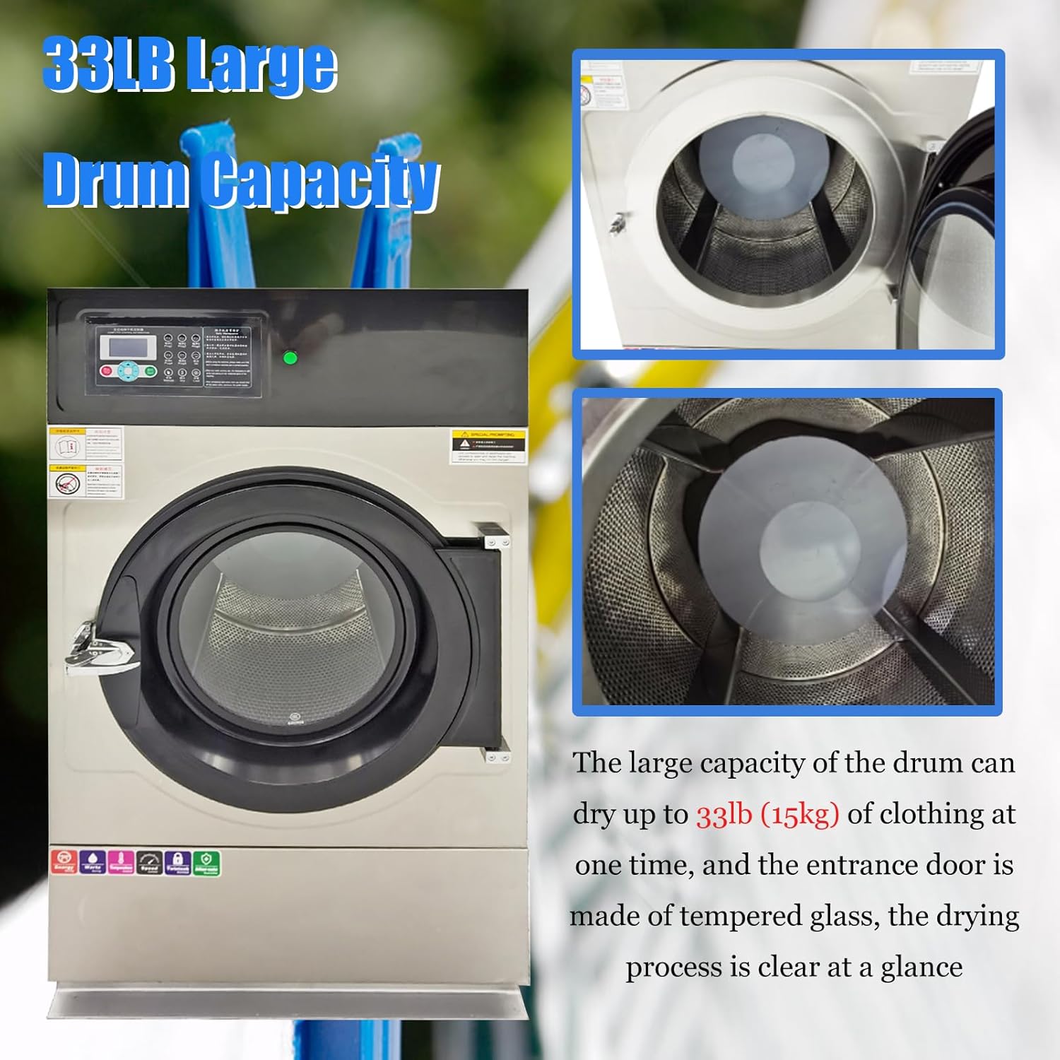 Industrial Automatic Clothes Dryer 33lb Capacity Clothes Drying Machine Commercial Automatic Clothing Drying Machine 15kg Drum Capacity Industrial Clothing Dryer, 220V Three-Phase 3PH