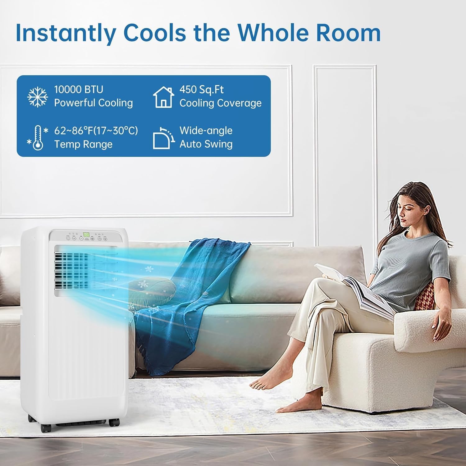 10,000 BTU Portable Air Conditioner Cools 450 Sq.Ft Rooms, 3-In-1 Cooling AC Unit with Dehumidifier/Fan, Remote & 24H Timer, Includes Window Kit - for Bedroom, Office, Apartment, White