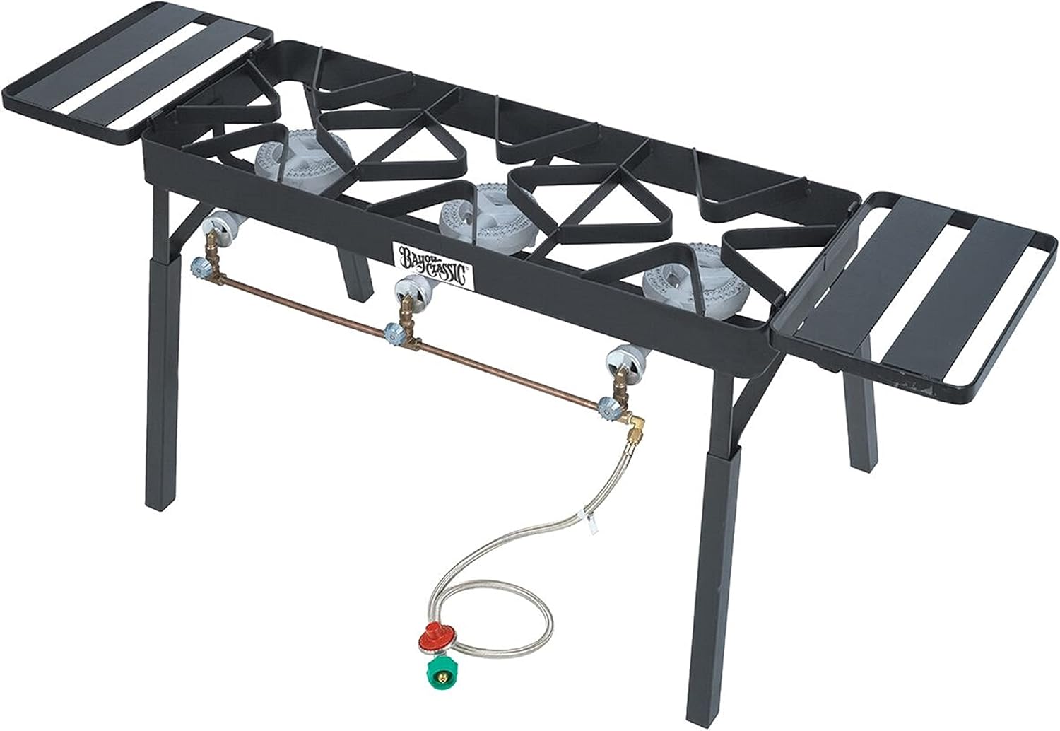 Bayou Classic TB650 Triple Burner Outdoor Patio Stove Features 13-in Tall Welded Steel Frame Three 6-in High Pressure Burners Brass Manifold w/ Three Brass Control Valves