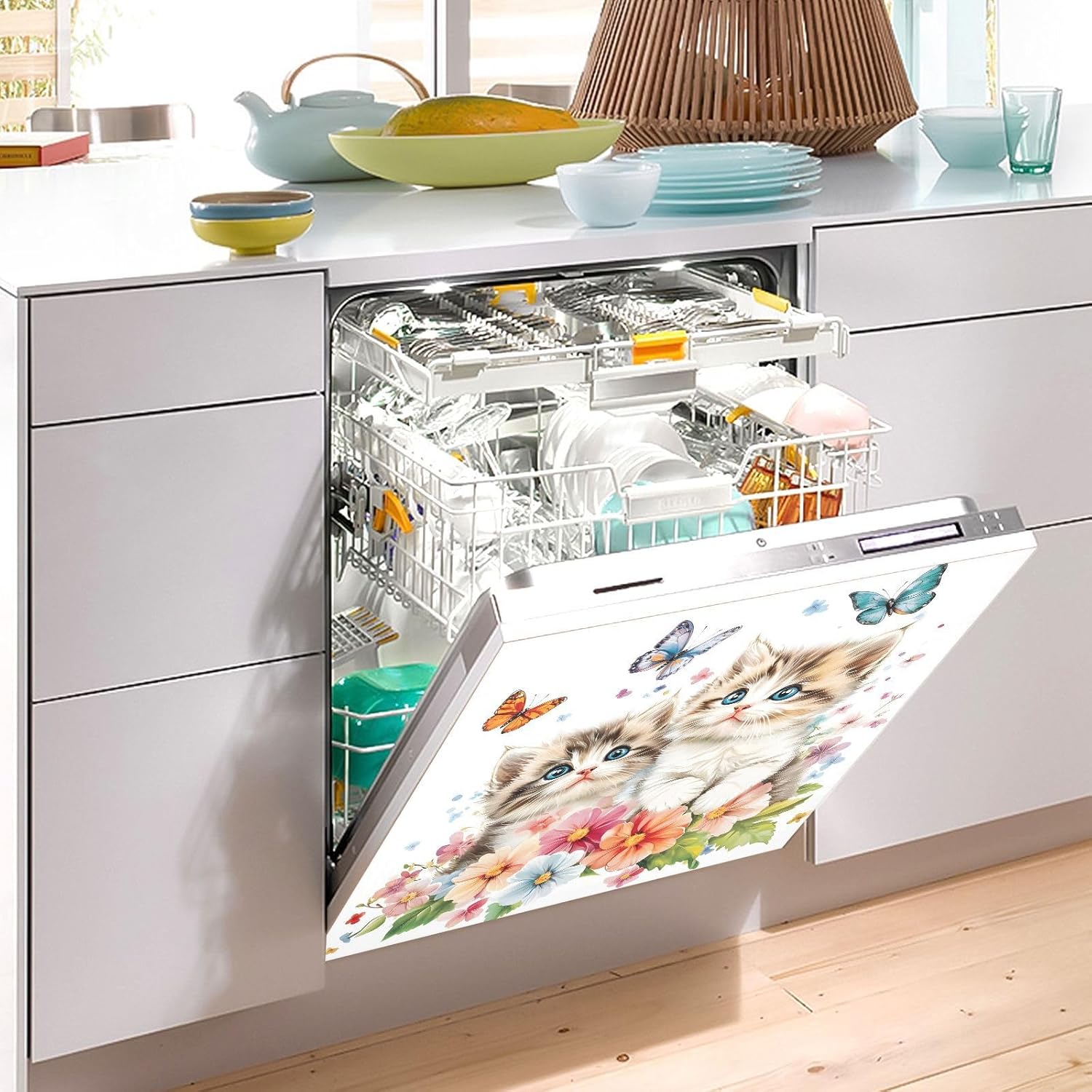 Dishwasher Magnet Cover Large Magnetic Stickers Two Cats Flower Butterfly Front Dishwasher Cover Reusable Decal for Home Kitchen Anti-Scratch Refrigerator Decorative Lid Washing Machine Laundry 23