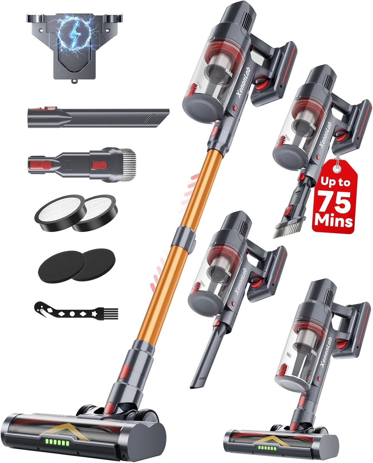 Cordless Vacuum Cleaner, 75Mins/48KPa/600W Self-Standing Stick Vacuum Cleaners for Home, Rechargeable, Lightweight, Anti-Static&Anti-Tangle Brush, for Hard Floor, Carpet, Hardwoods, Pet Hair