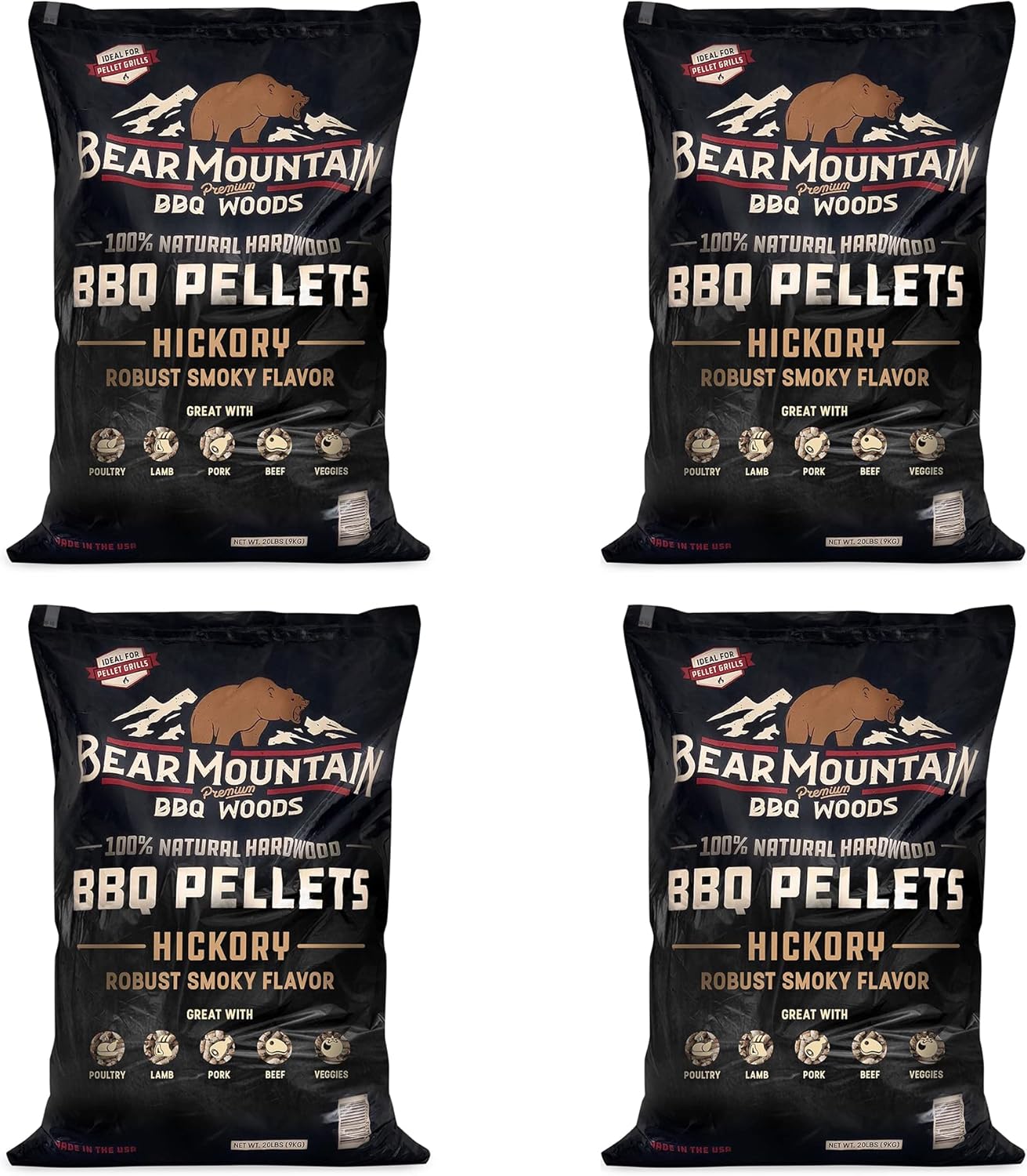 Bear Mountain FB14 Premium All Natural Low Moisture Hardwood Smoky Hickory BBQ Smoker Pellets for Outdoor Grilling, 40 Pound Bag (4 Pack)