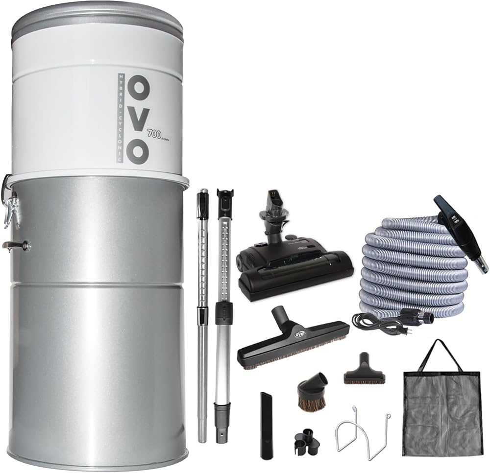 OVO Heavy Duty Powerful Central Vacuum System, Hybrid Filtration (with or Without Disposable Bags) 35L or 9.25Gal, 700 Airwatts with 40ft Carpet Deluxe Accessory Kit Included