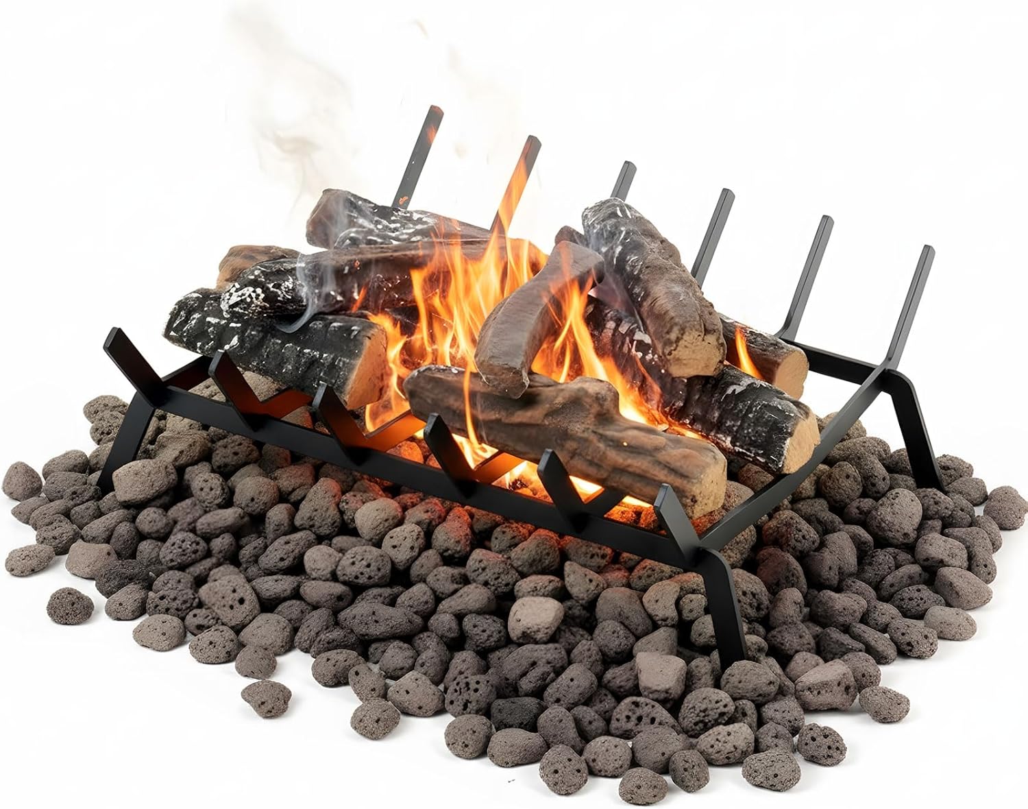 Sasylvia 12 Pcs Ceramic Logs Fireplaces Grate and 10 Lbs 0.8-1.6'' Lava Rocks for All Types of Gas Inserts, Ventless, Gel, Propane, Ethanol, Indoor or Outdoor Fireplaces Fire Pits Decorative