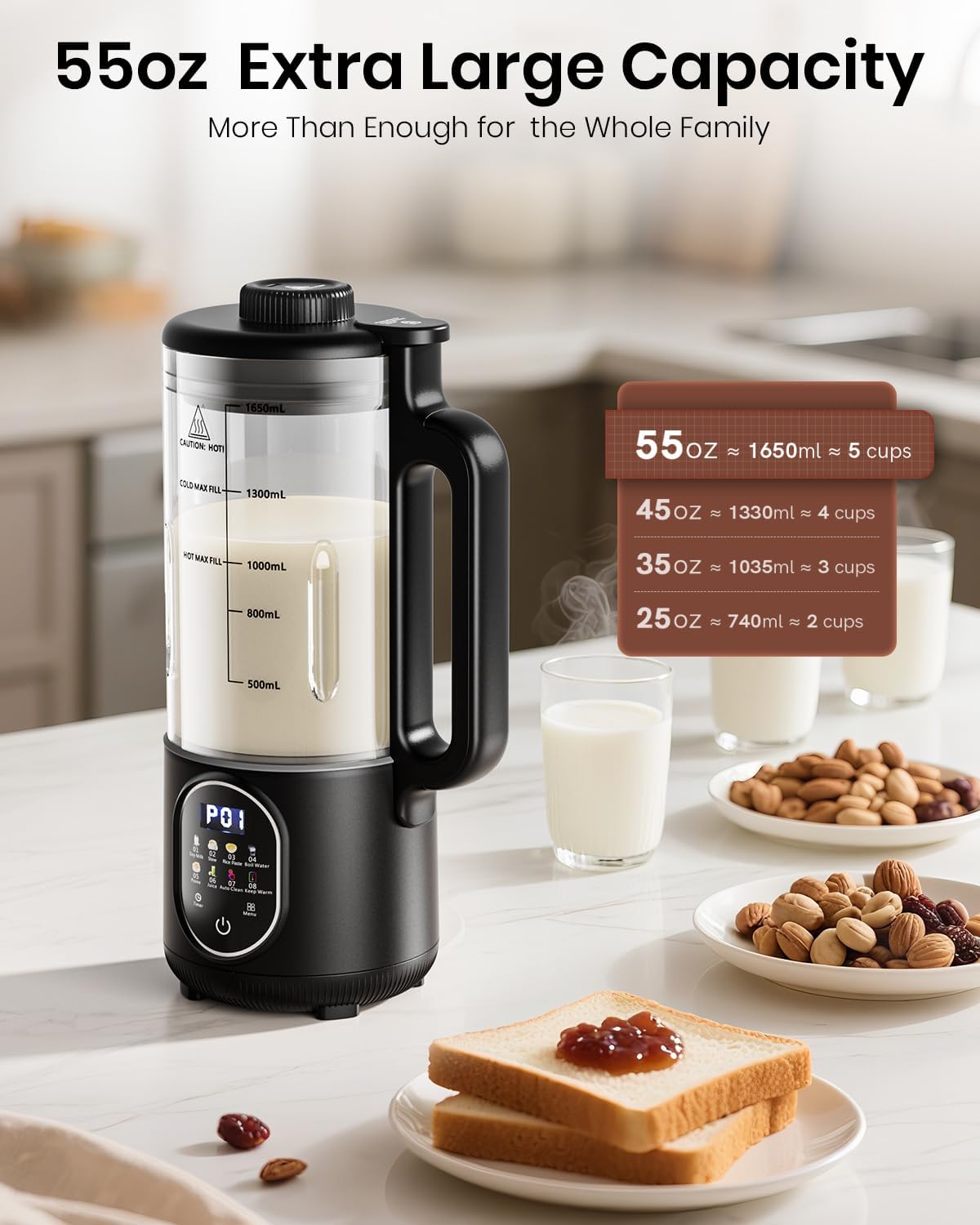 55oz Family Size Nut Milk Maker (5-6 Cups), Soy Milk Maker Machine for Almond/Oat/Soy/Cashew Milk, Juice & Smoothie, Almond Milk Maker with Auto Clean/Self-Clean, Delay Start, Boil Water & Keep Warm