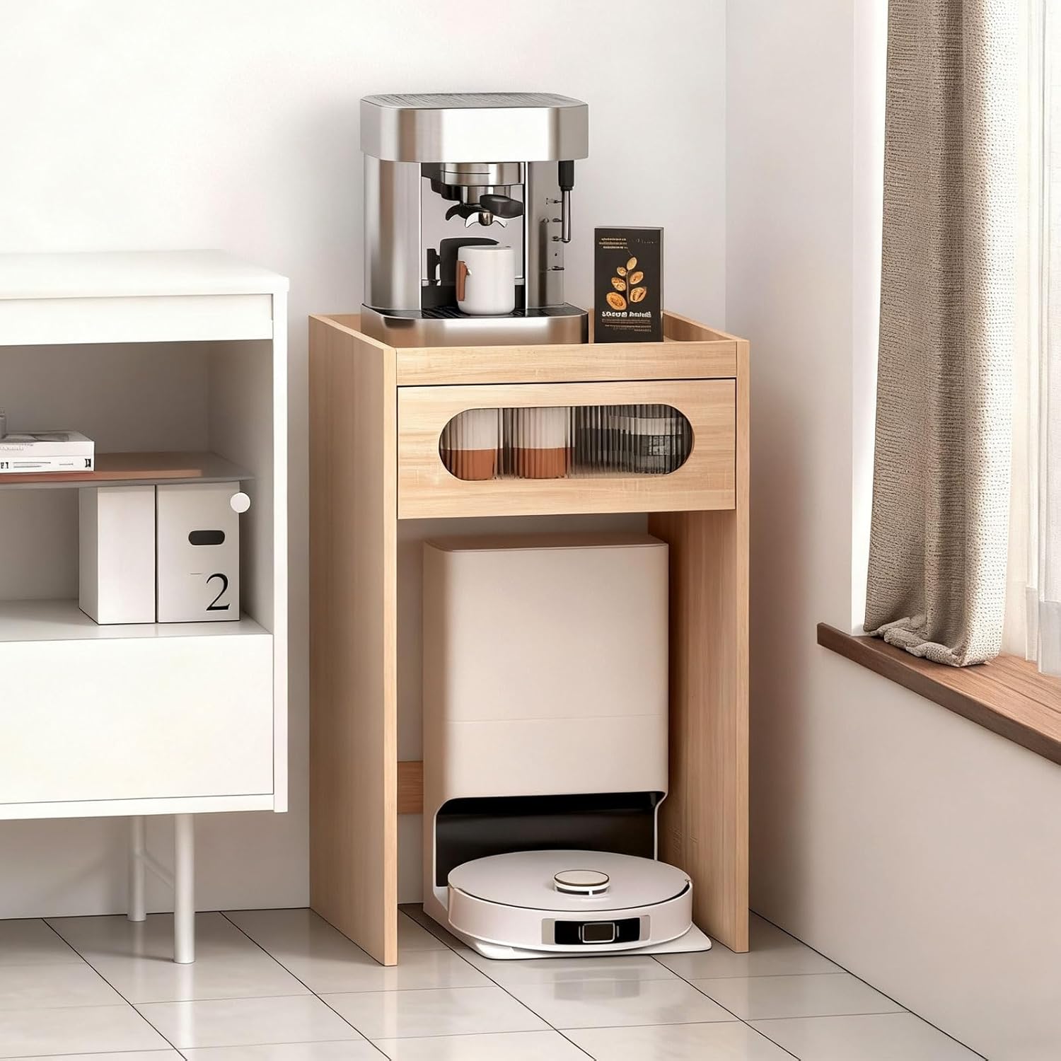 Robot Vacuum Stand Cabinet with Clear Drawer Space-Saving Modern Robot Vacuum Storage Rack Side Table Storage Cabinet Compatible for Bedroom Living Room Home Kitchen Office(Natural)
