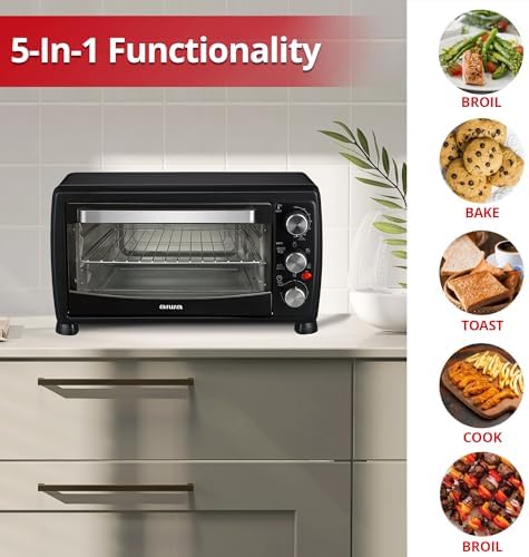 Aiwa 1400W Toaster Oven 6 Slice with Baking Tray, Air Fry Bake Toast Cook and Broil, Temperature Control, 60 Minute Timer Knob, Automatic Shutoff, Crispier Mesh Baking Tray and Crumb Tray Included