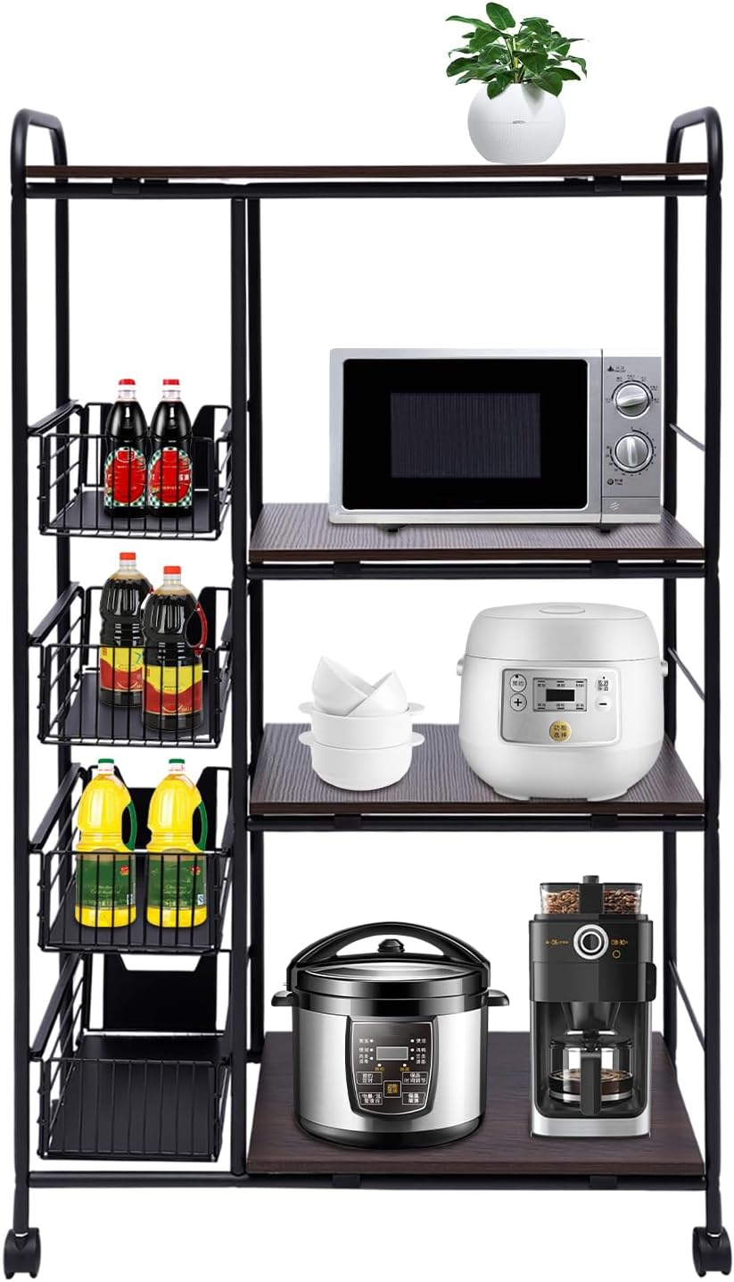 4-Tier Kitchen Standing Bakers Rack, Microwave Oven Stand Rack, Utility Workstation Stand, Kitchen Cart with Storage Basket & Wheels, Kitchen Organizer Shelf for Spices/Utensils Foods, Vintage Brown