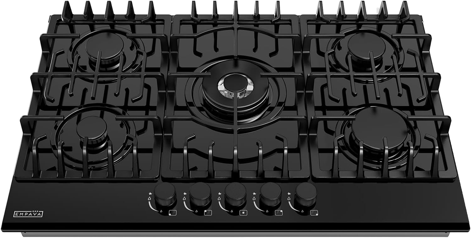 Empava 30 in. Gas Stove Cooktop 5 Italy Sabaf Sealed Burners NG/LPG Convertible in Black Tempered Glass, 30 Inch