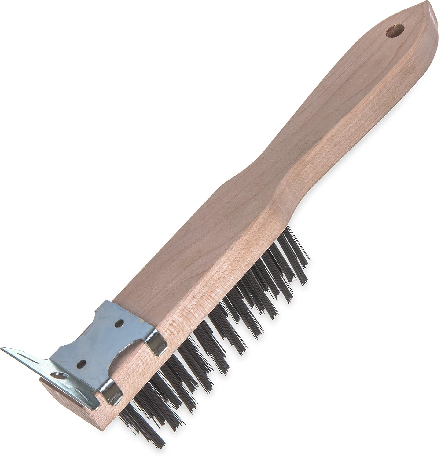 Carlisle FoodService Products CFS 4577900 Heavy Duty Wood Handle Scratch Brush with Scraper, Carbon Steel Bristles, 11