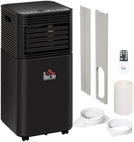HOMCOM 8000 BTU Portable Air Conditioner for Rooms up to 344 Sq.Ft., 3-in-1 Mobile AC Unit with Dehumidifier, Cooling Fan, Sleep, Remote, 24H Timer, Auto Off, Window Installation Kit, Black