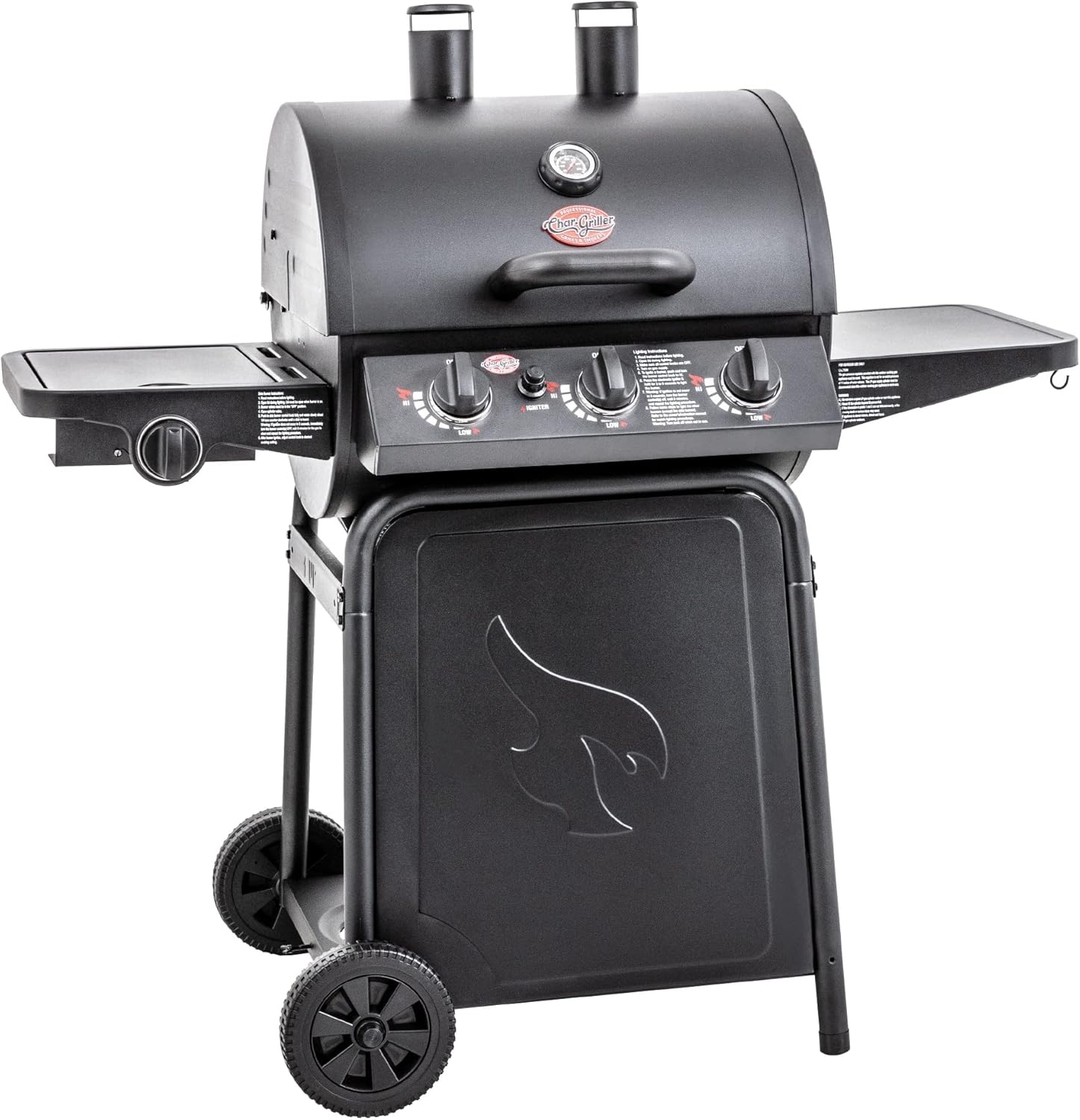 Char-Griller® Grillin' Pro 3-Burner Propane Gas Grill in Black with 40,800 BTU, Cast Iron Grates and Warming Racks, 630 Cooking Square Inches, Model E3001