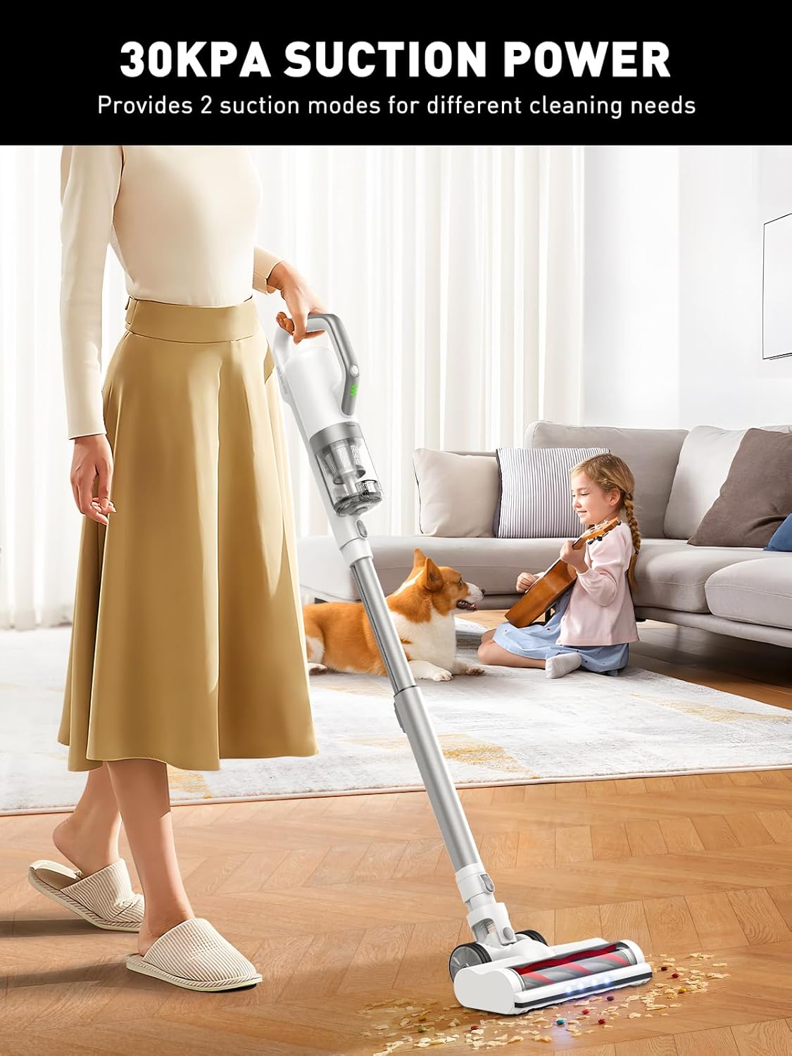 Cordless Vacuum Cleaner, 30Kpa Strong Suction Stick Vacuum Cleaner, 350W Powerful Brushless Motor, Ultra-Lightweight & Quiet Vacuum for Deep Cleaning Home Hard Floor Carpet Pet Hair, White