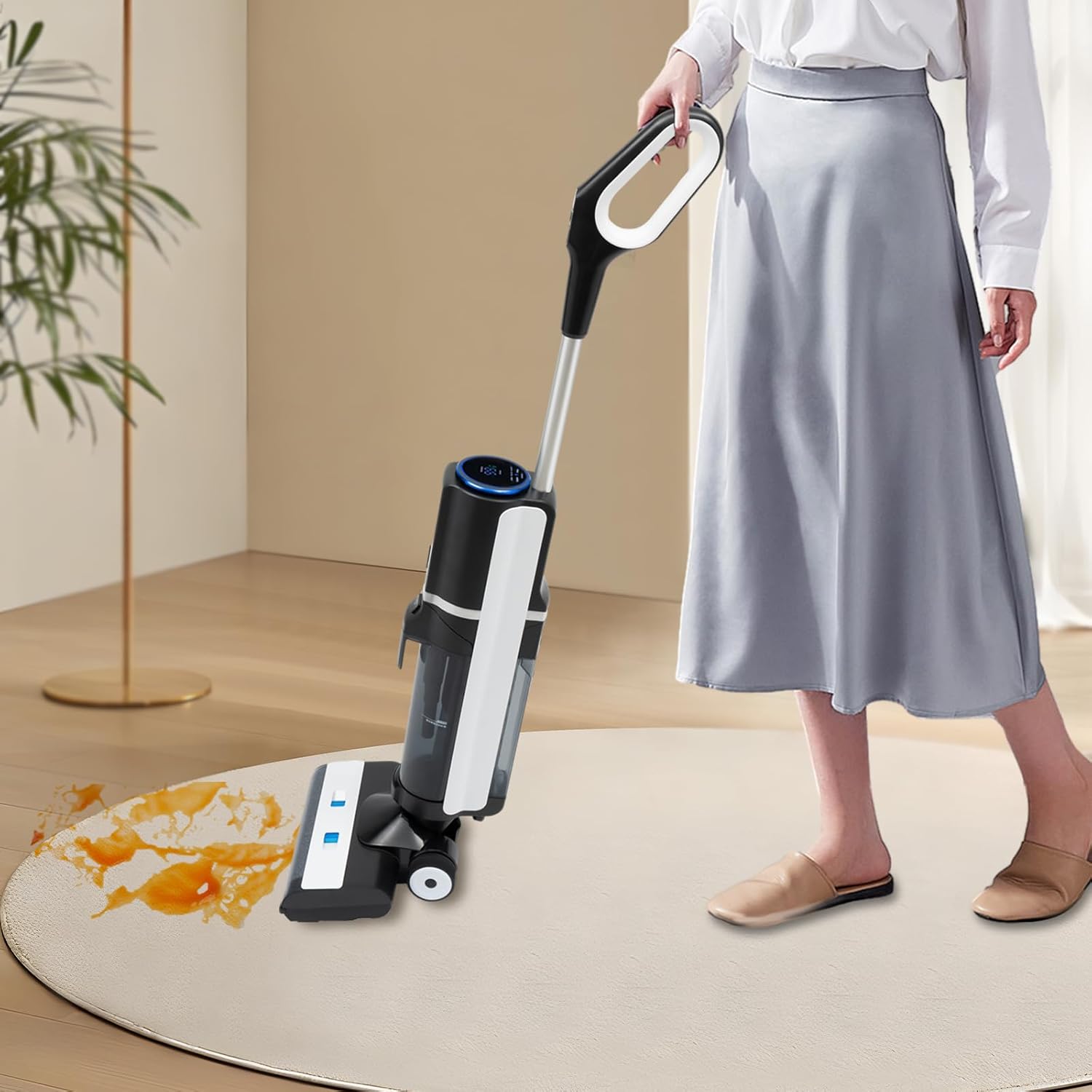 Wet Dry Vacuum Cleaner Cordless Floor Cleaner 200W 14000Pa Stick Vacuum and Mop with LCD Display & Voice Announcement One-Step Edge to Edge Cleaning for Home Office Hotel 100-240V