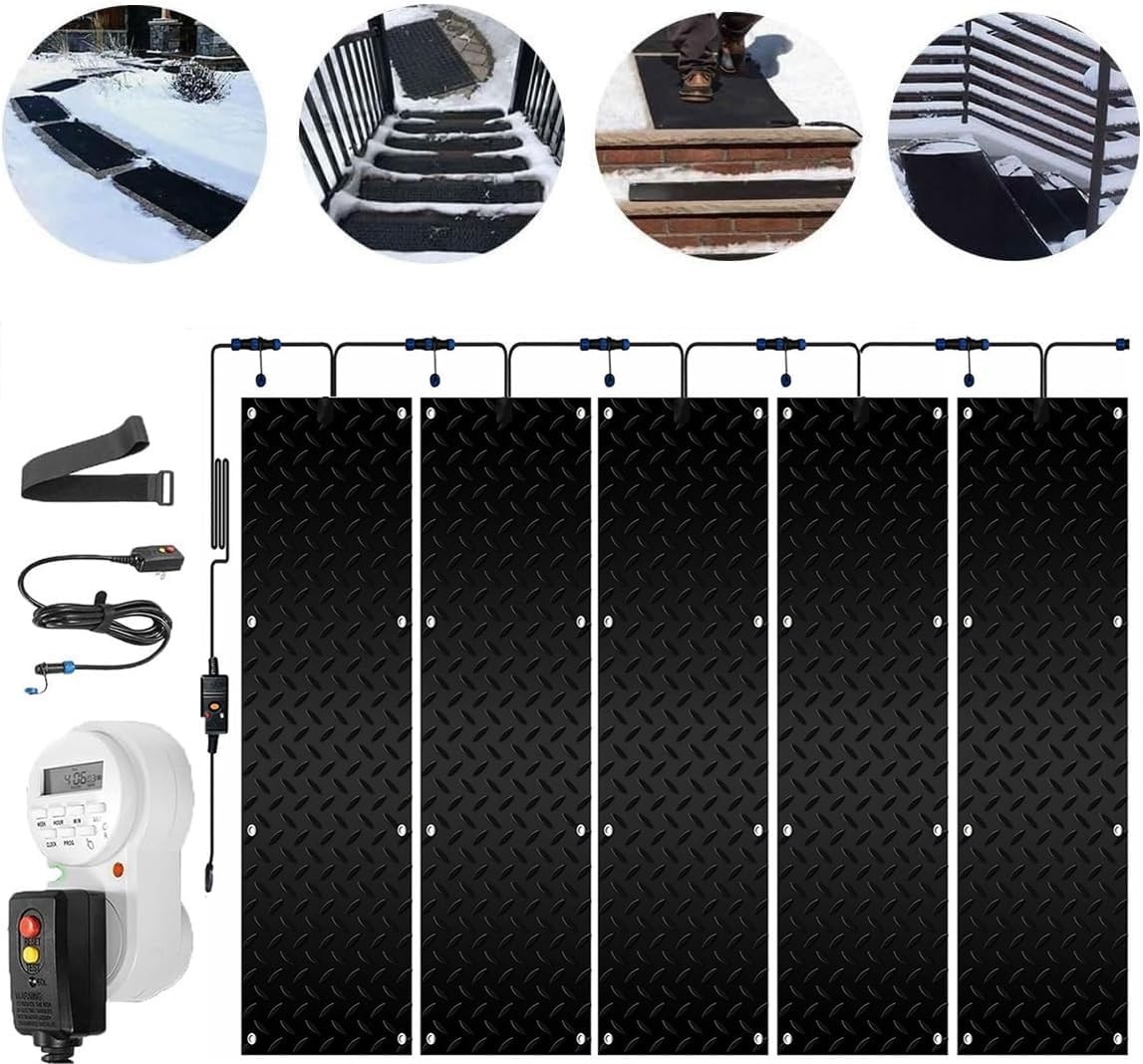 Snow Melting Walkway Mat with Timer, 1/2/3/4/5 Pcs Non Slip Rubber Heated Mat with Power Cord, Snow and Ice Heated Pad for Winter Outdoor Stairs, Steps, Doorways, Walkways, Driveway(5 Pcs,10in
