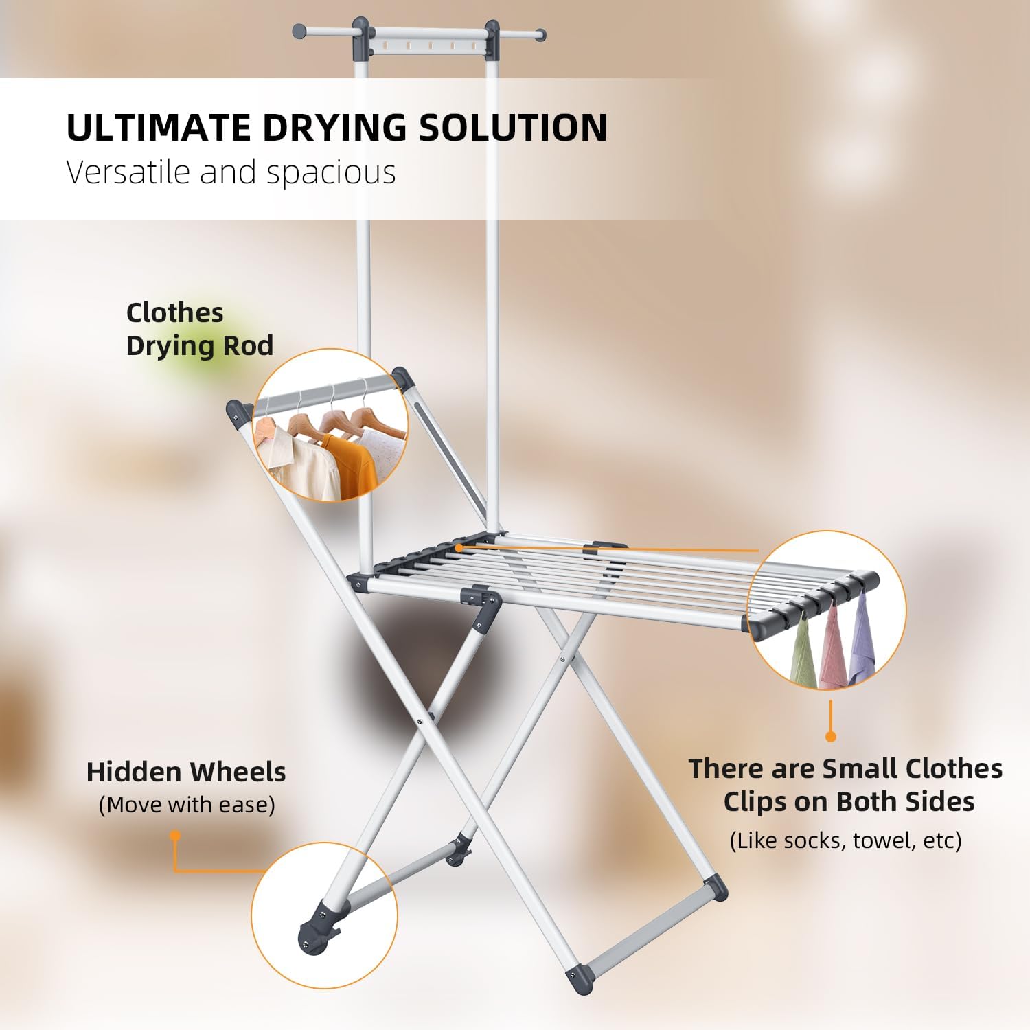 Clothes Drying Rack, Foldable Laundry Rack for Indoor Outdoor, 10pcs Sock Clips, Collapsible Space-Saving Drying Rack for Clothes Towels Dolls, White (Gray-Hanger)