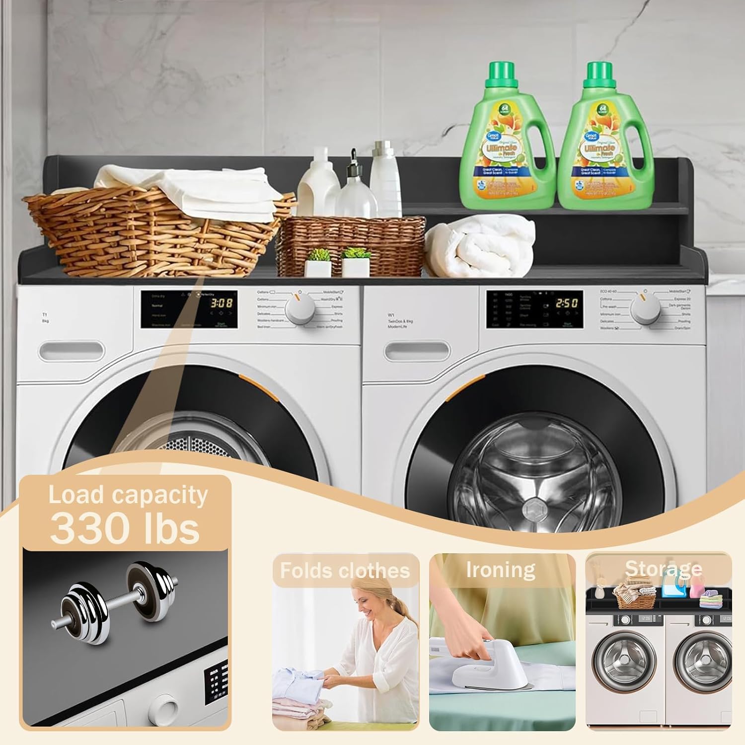 Washer and Dryer Countertop, 2 Tier Laundry Room Wood Countertop with 6*Anti-Slip Mats, Laundry Topper for Washer and Dryer for Folding Clothes, 54