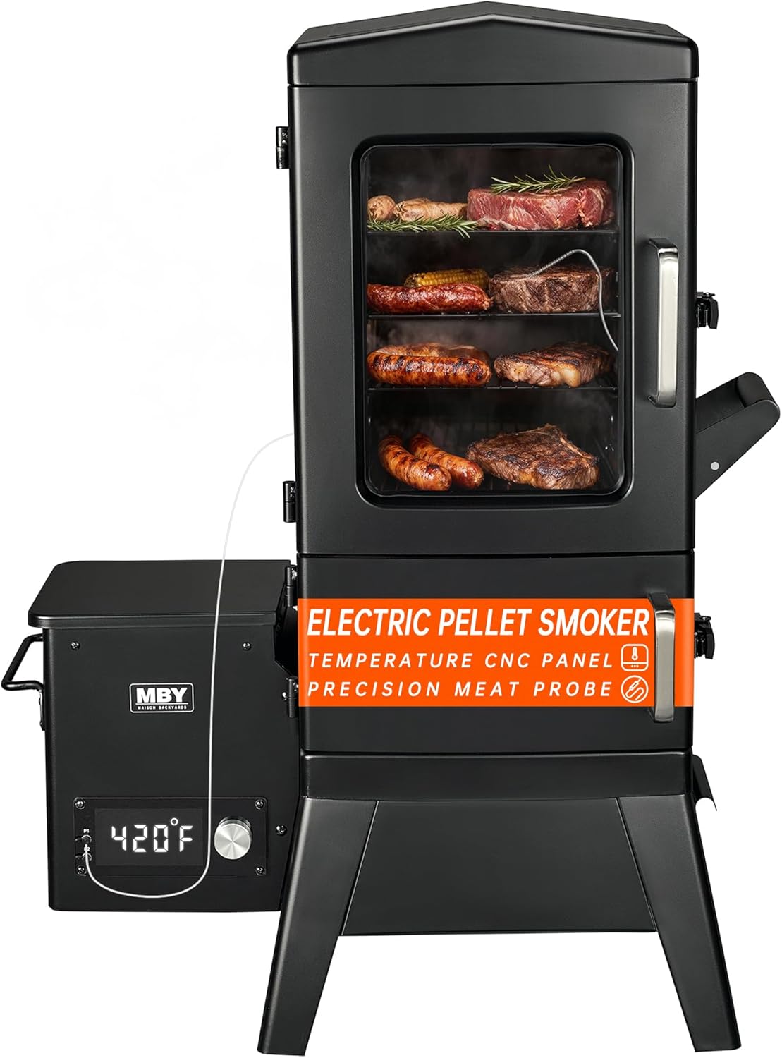 Vertical Pellet Smoker with Cover & Meat Probe, 4-Rack Electric BBQ Smoker Grill, 616 sq in Cooking Space, Digital LED Temperature Control for Outdoor Smoking Ribs, Brisket, Chicken & Sausage