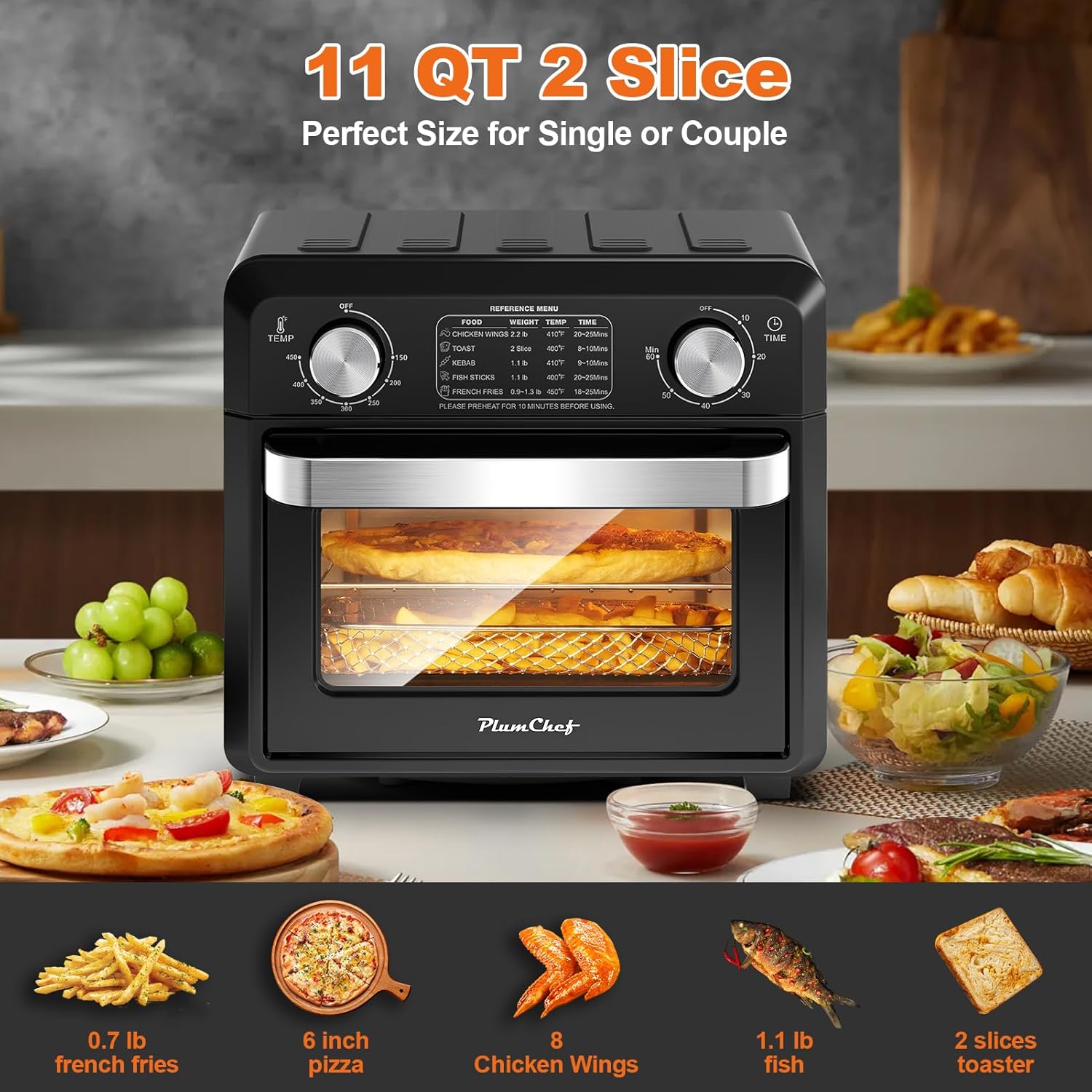 11QT Compact 2-Slice Air Fryer Toaster Oven, 1500W Convection Countertop Oven with Reference Menus, Adjustable Time & Temperature, Ideal for Singles & Couples, Black