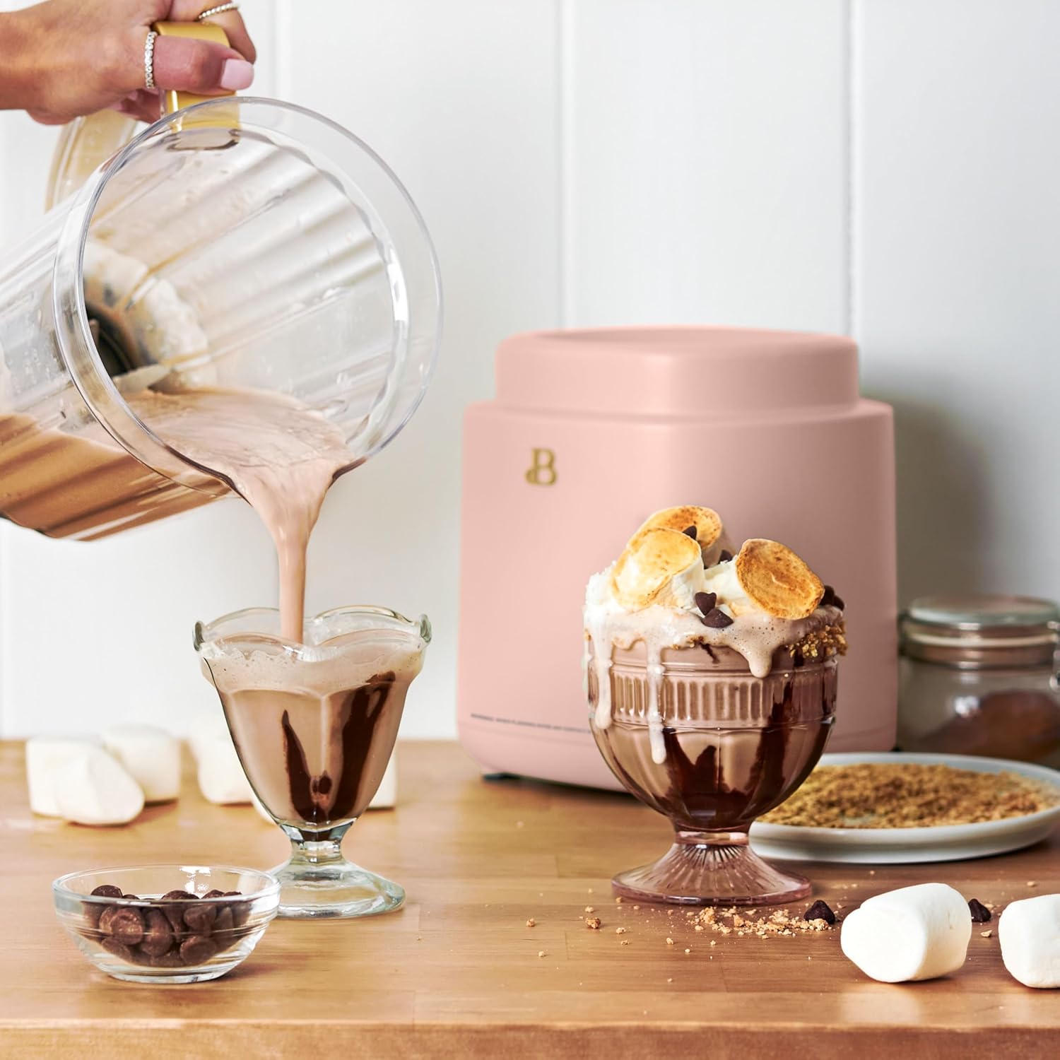 B'eautiful PowerExact High-Performance 700-Watt Blender by Drew Barrymore, 50-Ounce Pitcher, Stainless 4-Tip Blade, 3 Speeds + 4 Presets, Dishwasher-Safe Parts, Travel Cup Included (Rose)