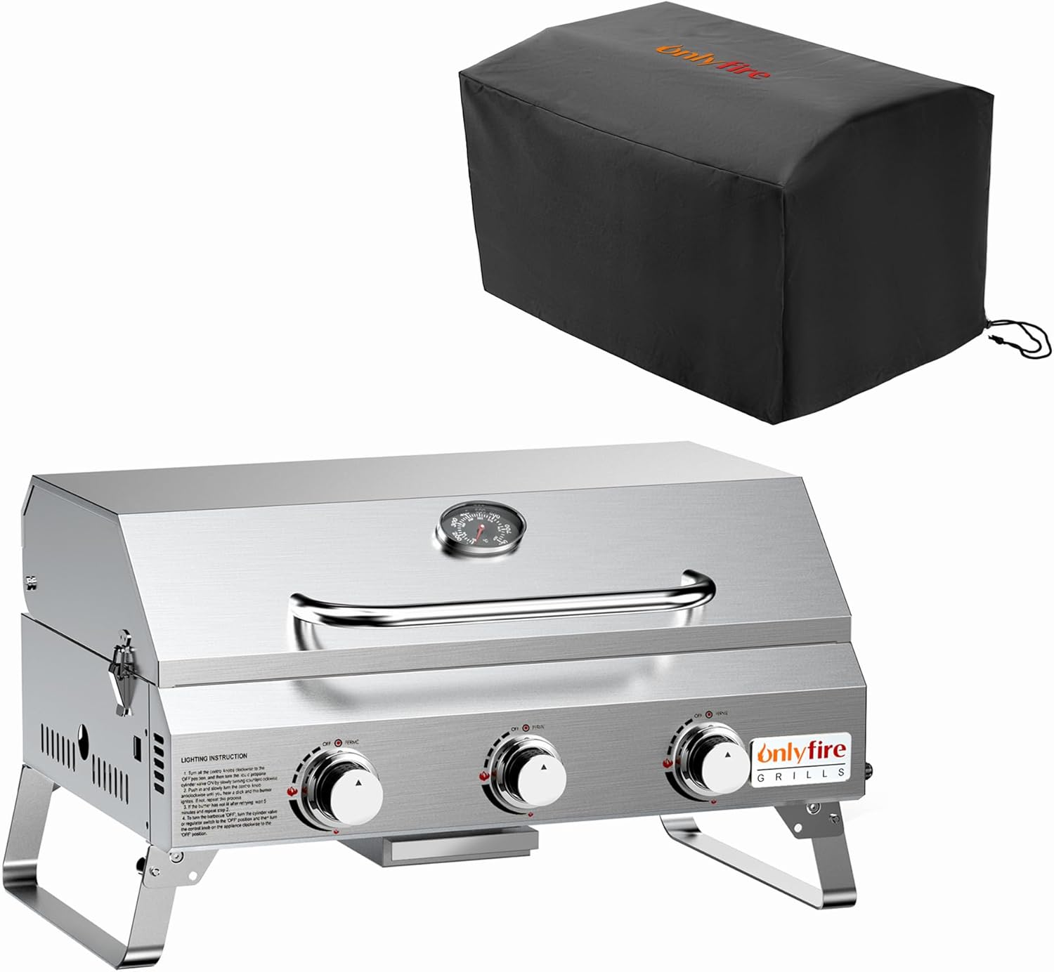 Onlyfire Tabletop Gas Grill 3 Burners and Grill Cover Bundle, 24