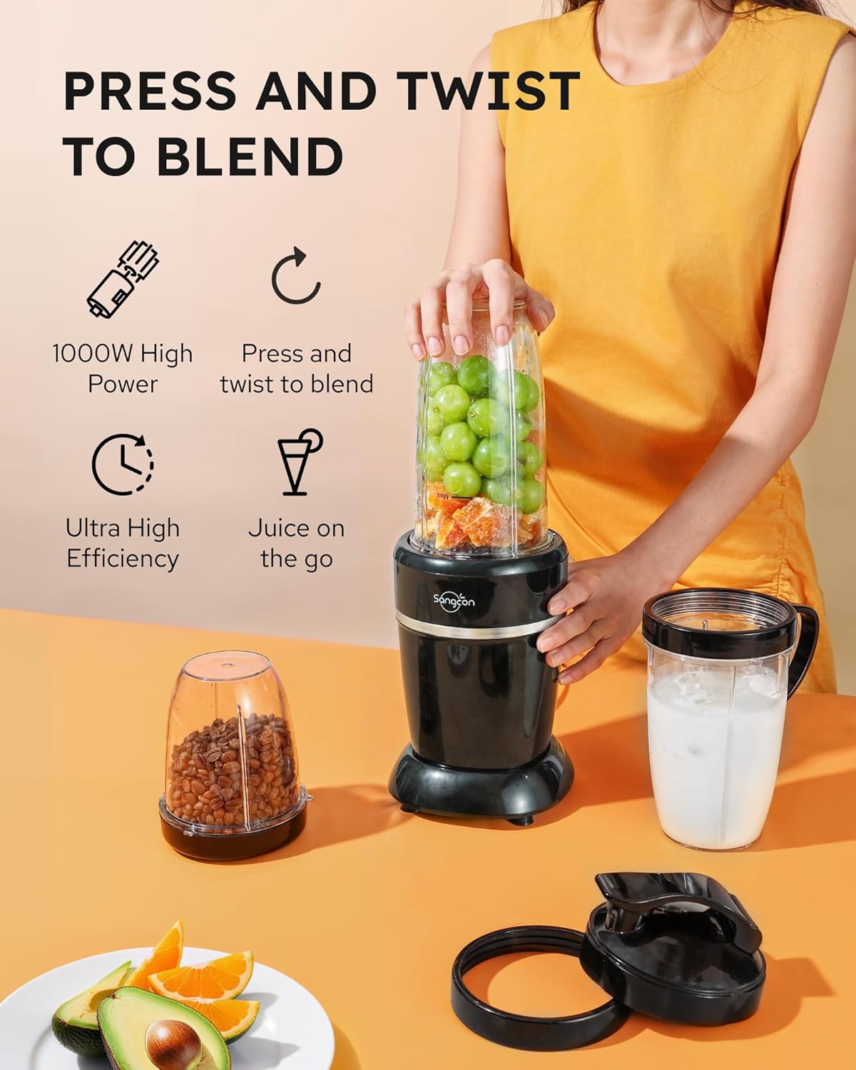 Bundled 1000W Blender for Smoothies, Blender for Kitchen Smoothie Blender with (3) Cups (2) Spout-Lids (1) Storage-Lid (1) To-Go-Lid
