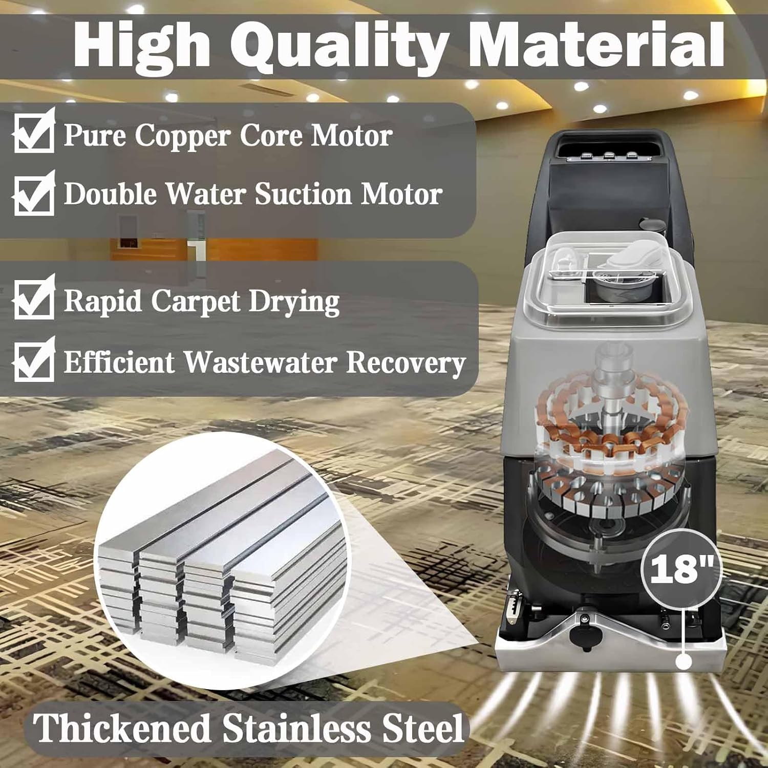 TECHTONGDA Electric Floor Scrubber Dryer Machine 3 in 1 Carpet Extractor Wet Dry Vacuum Cleaner Commercial Carpet Cleaning Machine for Sofa Curtain Floor 70L Tank 110V