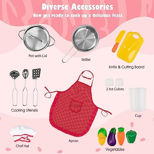 HONEY JOY Pink Corner Kids Kitchen Playset, Wooden Play Kitchen for Toddlers, Washing Machine, Range Hood, Water Dispenser, Cookware, Apron, Little Chef Pretend Toy Kitchen Set w/Lights & Sounds