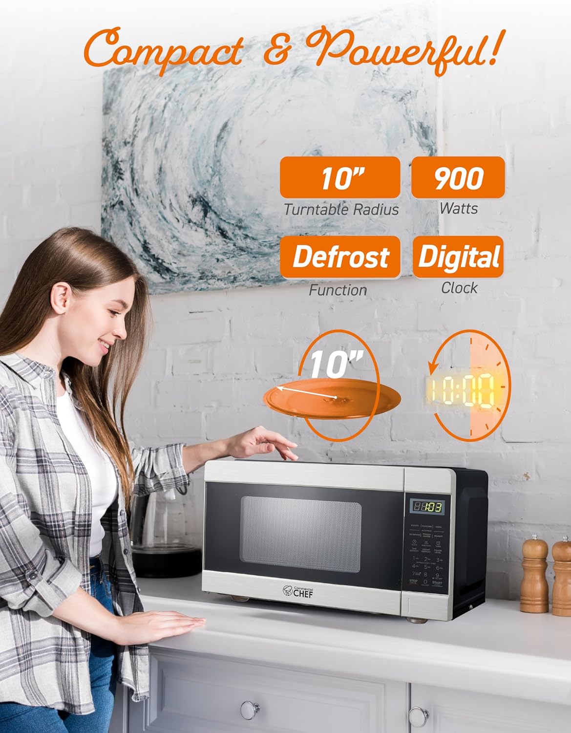 COMMERCIAL CHEF 0.9 Cu Ft Microwave with 10 Power Levels, Push Button and Child Lock, 900 Watt Microwave with Digital Controls, Countertop Microwave with Timer and Quick-Touch Menu, Stainless Steel