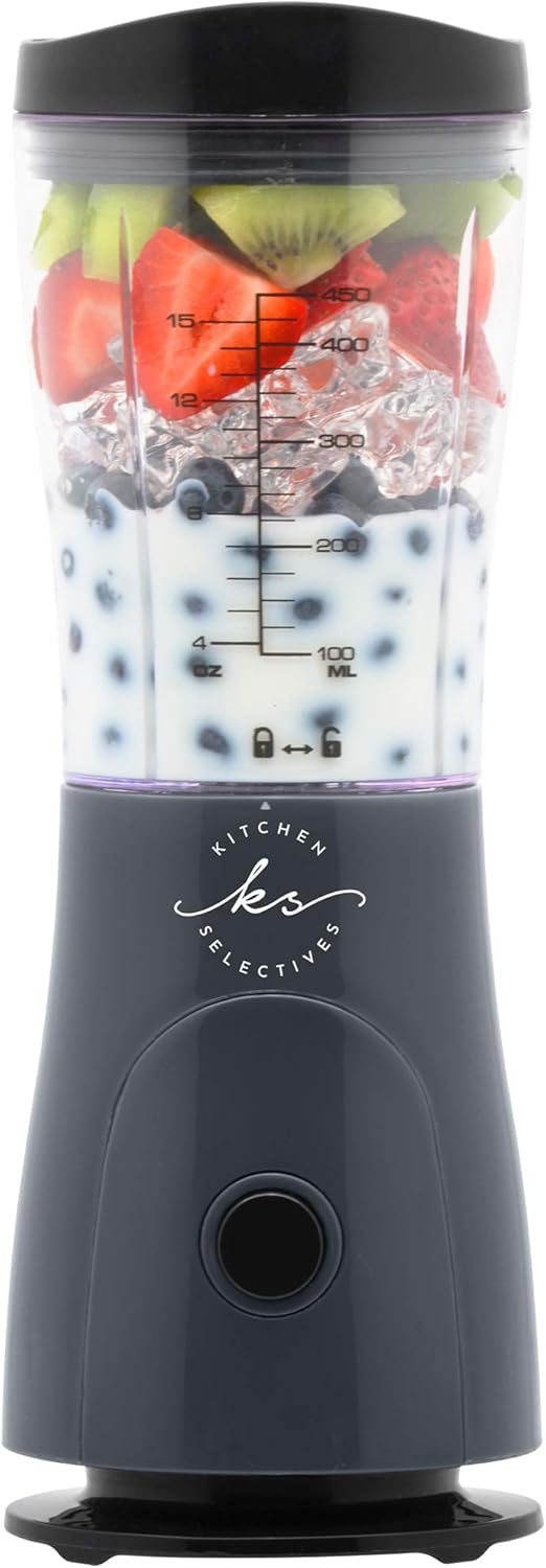 Kitchen Selectives 14-Ounce Mini Blender Color Series - Personal, Portable Blender for Fruit Smoothies & More - With Powerful Stainless Steel Blade & Drink Lid - Dark Gray