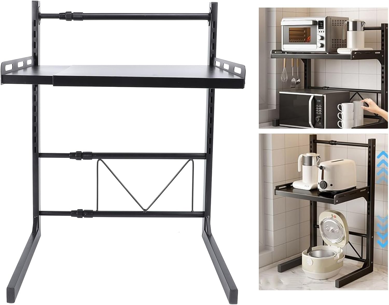 Microwave Oven Shelf Kitchen Storage Rack Organizer Expandable Adjustable for Jars Tableware with Glossy Carbon Steel Easy Install