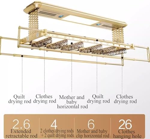 Ceiling Clothes Dryer Aluminium and Steel Electric Clothes Dryer with Remote Control,Foldable Electric Clothes Drying Rack 159cm, Ceiling Mounted Towel Rack with Heater Fan, Heavy-Duty 35kg