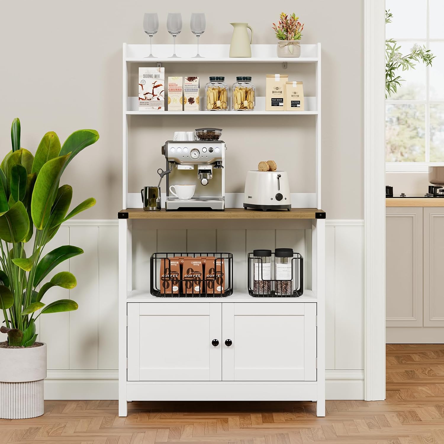 Microwave Stand Bakers Rack Cabinet, Freestanding 5-Tier Kitchen Shelves, Farmhouse Floor Hutch Door Thickened Counter,Utility Storage Shelf, Coffee Bar(White and Brown)