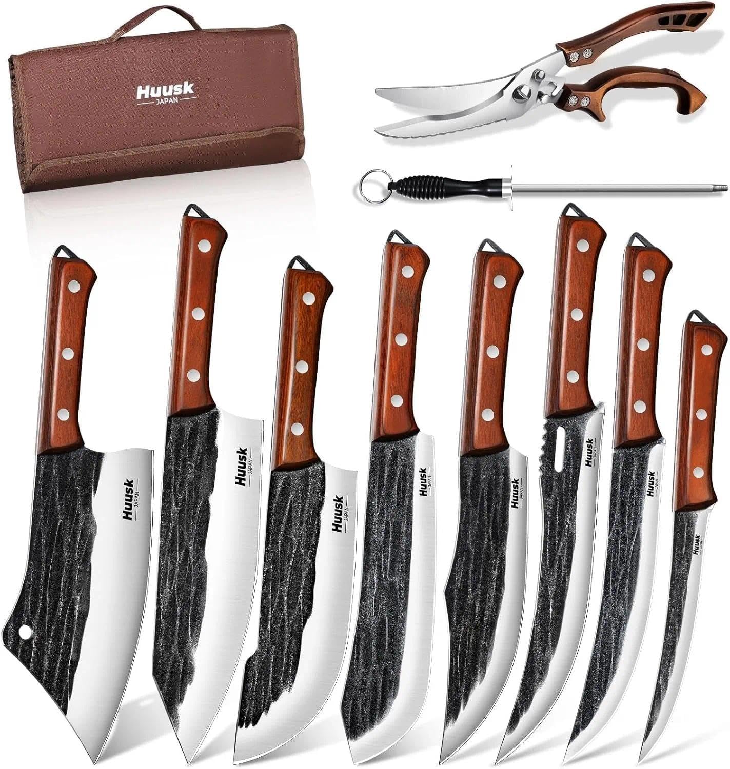 Huusk Butcher Knife Set, Hand Forged Butcher Chef Knife Set with Bag, Sharp Meat Cleaver & Bbq Carving Knives & Boning Breaking Knives for Kitchen & Camping, Christmas Gifts for Men Women