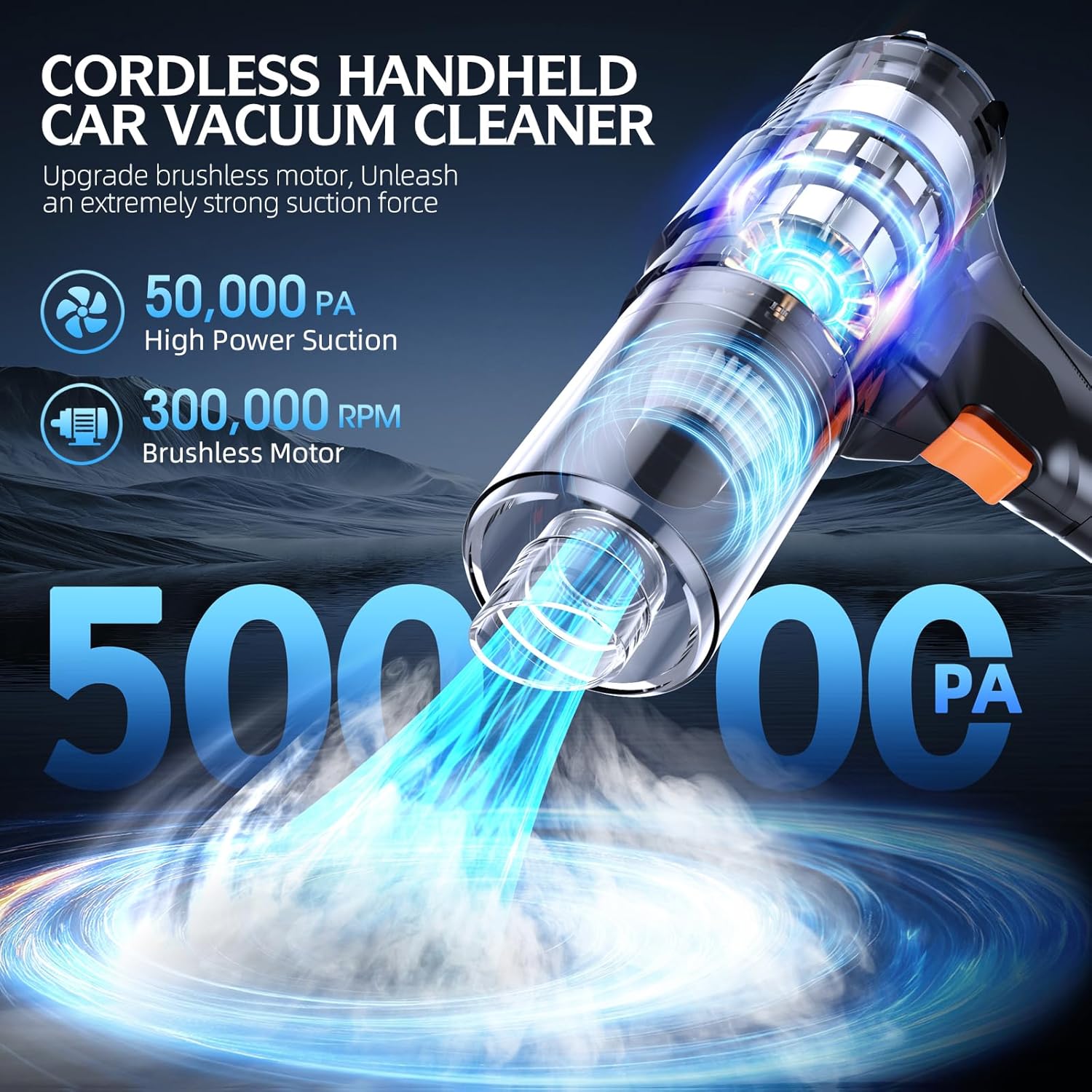 Cordless Handheld Car Vacuum Cleaner, 50,000Pa High-Power Brushless Motor, Rechargeable Dust Buster with 2 Batteries & Charger, 6-in-1 Portable Vacuum Cleaners for Home, Pet Hair, Bright Black