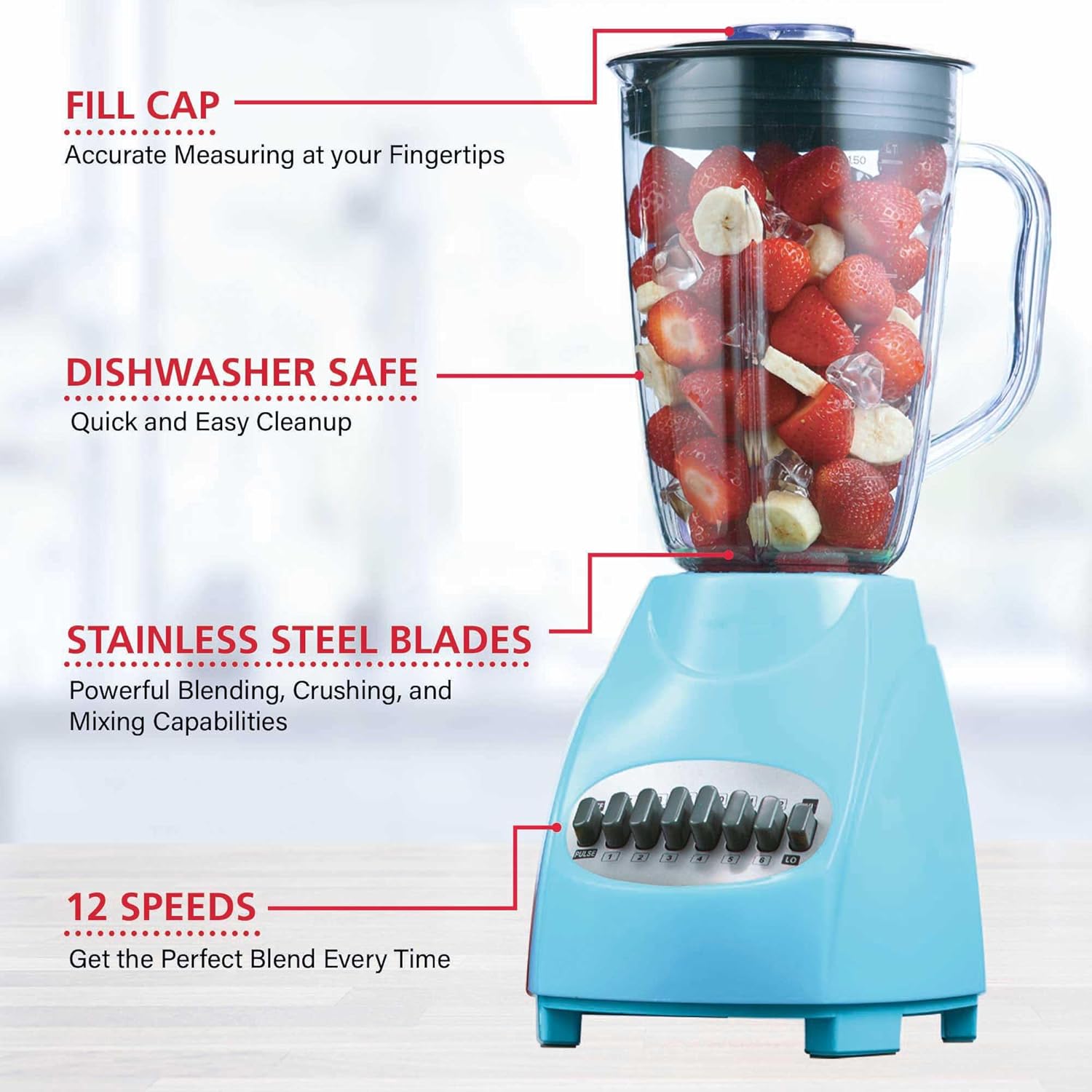 12-Speed Countertop Blender with Pulse Function – 50oz BPA-Free Jar, Stainless Steel Blades, Ice Crusher & Smoothie Maker, 350W Kitchen Blender (Blue)