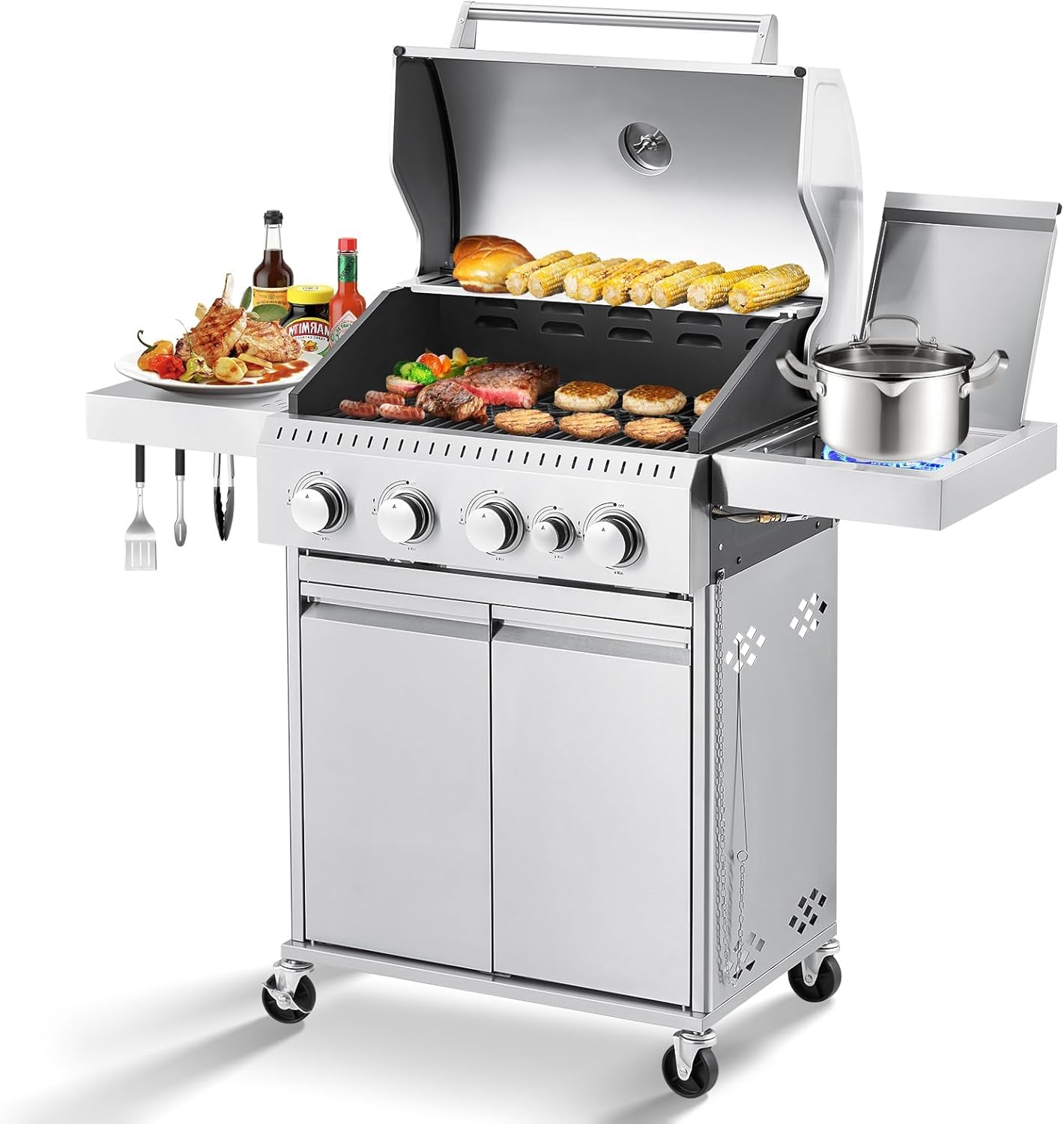 4 Burner BBQ Stainless Steel Propane Gas Grill with Cast Iron Grates & Side Stove, Stainless Steel 44000 BTU Burner Barbecue Grill for Patio,Camping, Outdoor Cooking