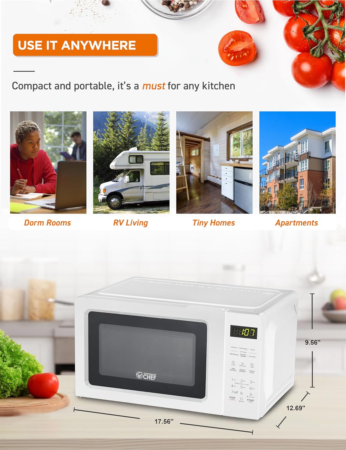 COMMERCIAL CHEF 0.7 Cubic Foot Microwave with 10 Power Levels, Small Microwave with Pull Handle, 700W Countertop up to 99 Minute Timer and Digital Display, White