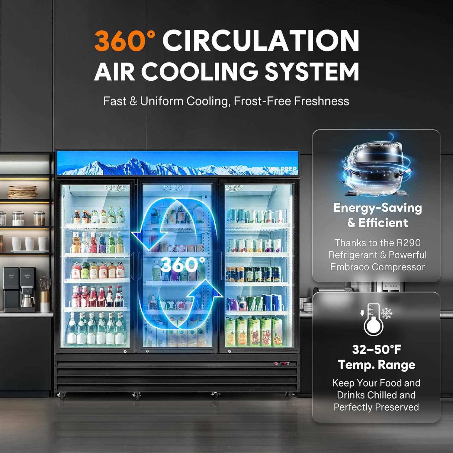 Wilprep Commercial Merchandiser Refrigerator, Upright Beverage Refrigerator with 3 Glass Door, ETL Fog Free Display Refrigerator Cooler 72.4 cu. ft. with LED Lighting for Retail Drinks Soda