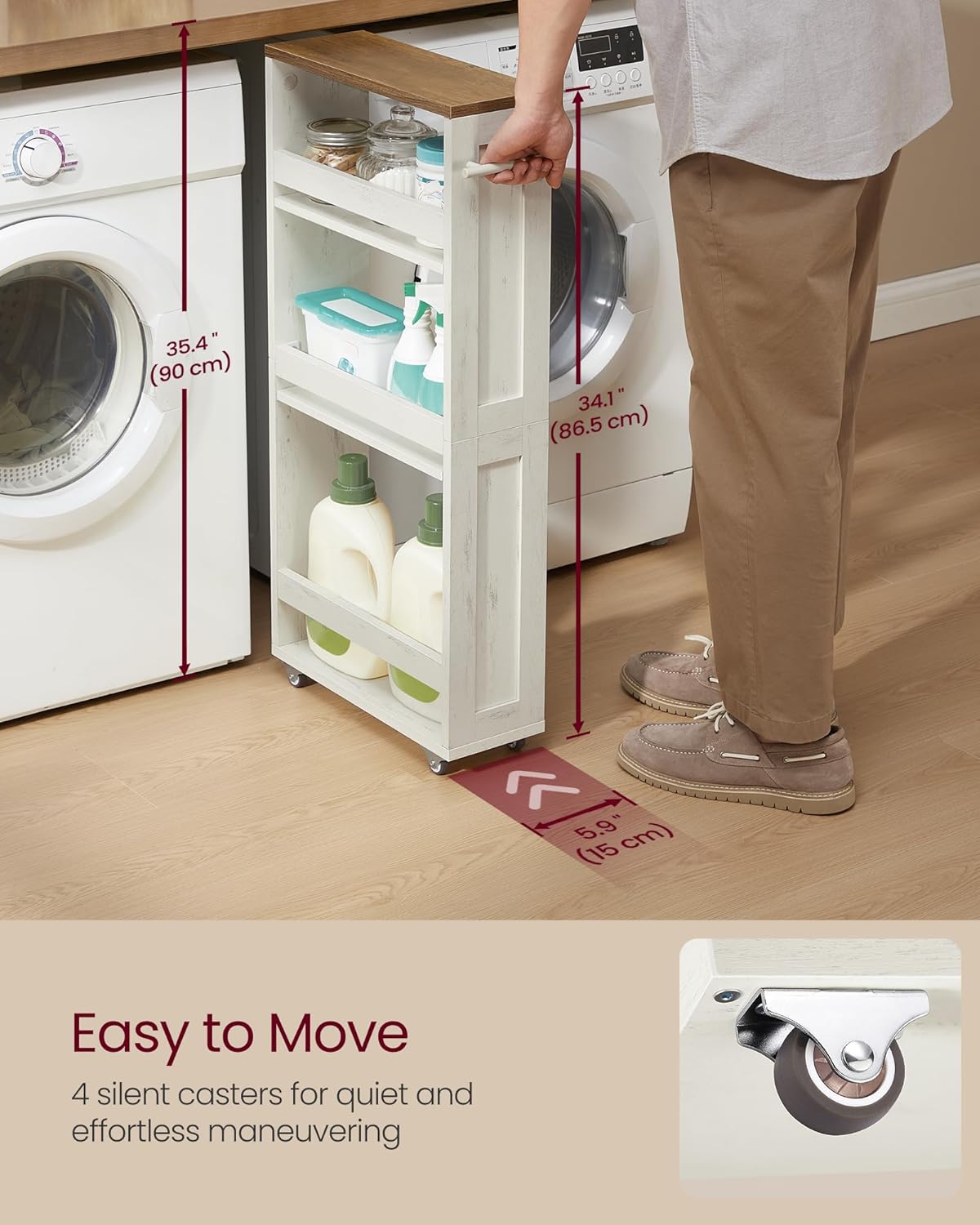 VASAGLE 4-Tier Slide-Out Storage Cart, Slim Kitchen Cart for Small Spaces, with Wheels, Handle, Bathroom, Laundry Room, 5.9 x 17 x 34.1 Inches, Rustic White and Honey Brown ULRC050K01