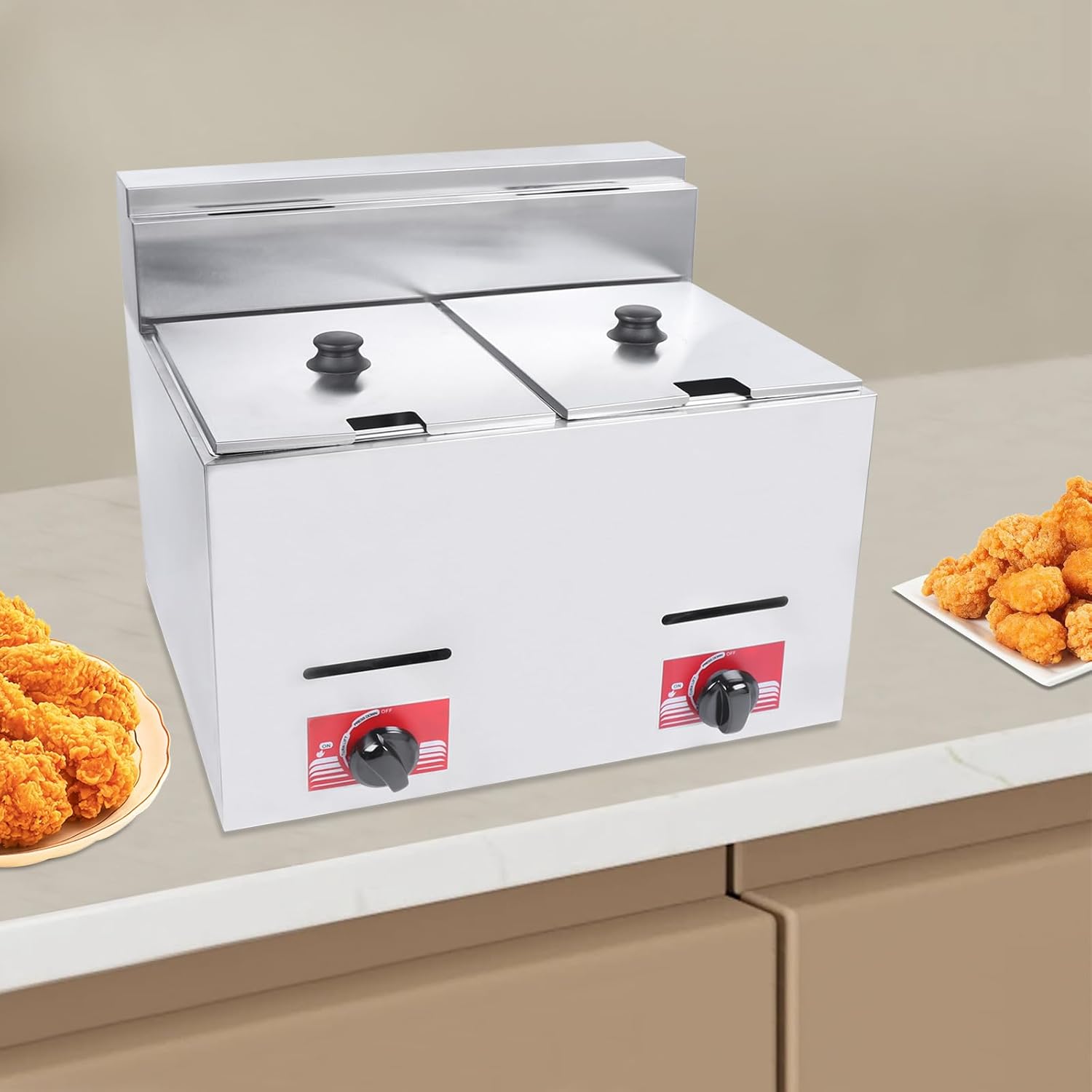 6L*2 Heavy Duty Deep Fryer,Commercial Gas Deep Fryer,Stainless Steel Countertop Deep Gas Fryer with Dual Baskets/Lid for Home Restaurants