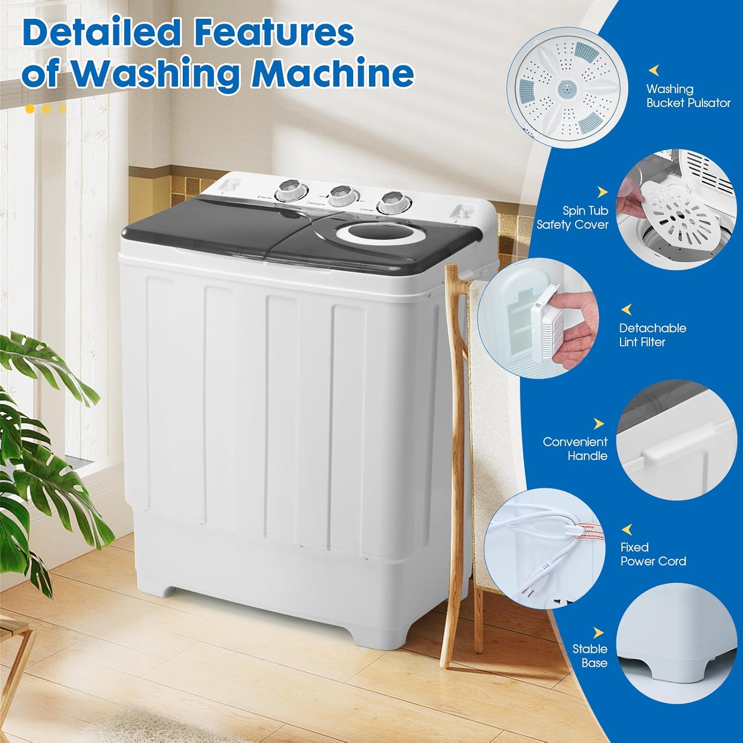 Portable Washing Machine Twin Tub - 28lbs Compact Washer(18lbs) and Dryer(10lbs) Combo with Drain Pump - Mini Laundry Machine for Apartments, Dorms, RVs, and Camping - Grey