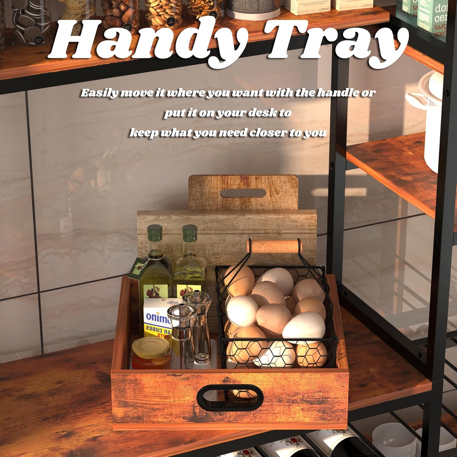 Bakers Rack with Power Outlet,Industrial Microwave Oven Stand with Wooden Serving Trays and Wine Rack,6-Tier Free Standing Kitchen Storage Shelf Bakers Rack,Kitchen Rack Organizer with Storage