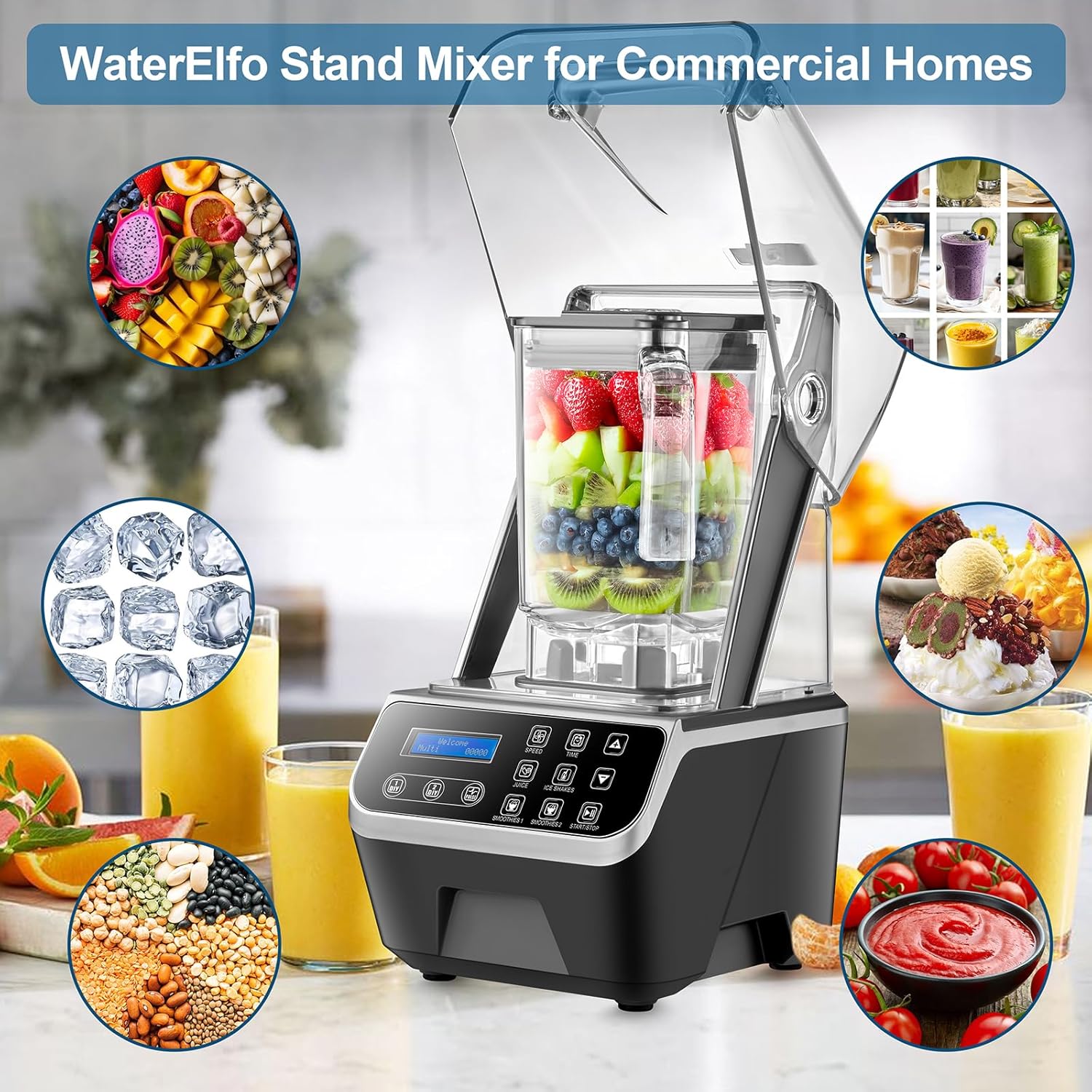 Commercial Blender 2200W 2.1QT 68OZ Quiet Blender Brushless Motors Commercial Smoothies, Frozen Drinks, Self-Cleaning Silver Grey