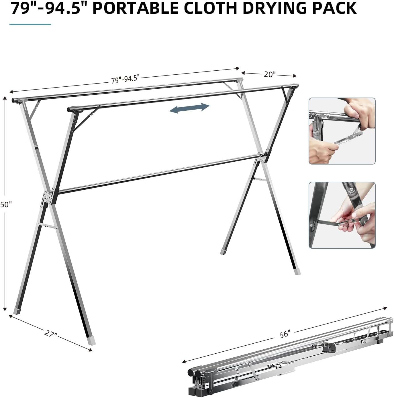 Clothes Drying Rack,Heavy Duty Stainless Steel Garment Rack,Adjustable and Foldable Laundry Drying Rack for Indoor Outdoor Drying Rack Clothing with 20 Windproof Hooks (Silver, 79