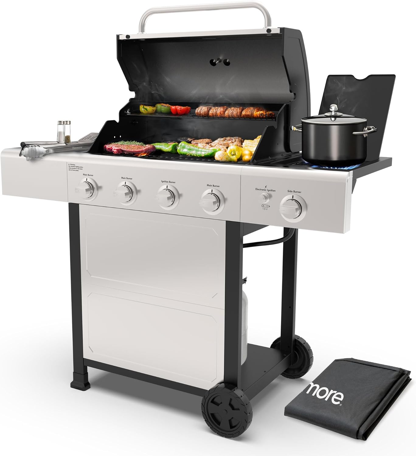 Kenmore 4-Burner Gas Grill with Side Burner, Outdoor BBQ Grill, Propane Gas Grill, Cast Iron Cooking Grates, Electronic Ignition, Warming Rack, 53000 BTUs, Stainless Steel + Bonus Cover
