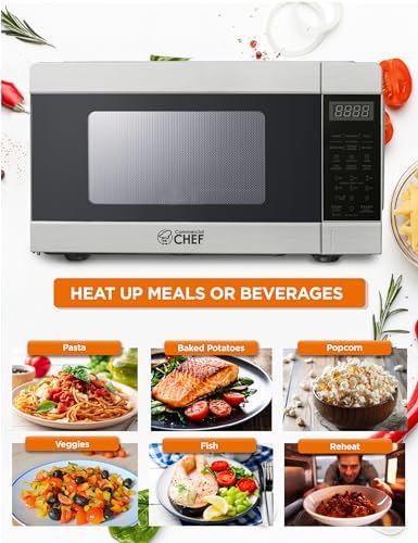 COMMERCIAL CHEF 0.9 Cu Ft Microwave with 10 Power Levels, Push Button and Child Lock, 900 Watt Microwave with Digital Controls, Countertop Microwave with Timer and Quick-Touch Menu, Stainless Steel