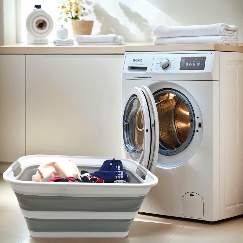 SAMMART 42L Set of 2 Collapsible Plastic Laundry Basket - Foldable Pop Up Storage Container/Organizer - Portable Washing Tub - Space Saving Hamper/Basket (Grey, 2)