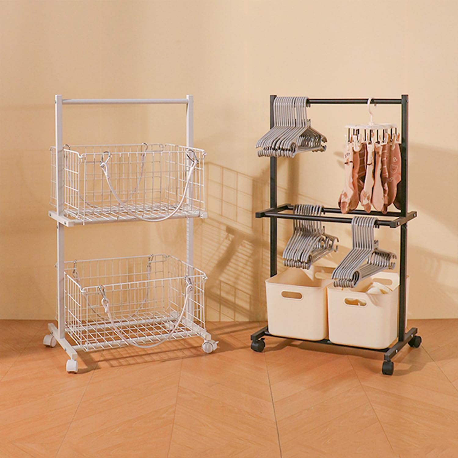 2 Tier Laundry Basket with Wheels & Removable Wire Laundry Cart, Space-Saving Vertical Laundry Sorter Cart on Lockable Wheels, Rolling Hamper Organizer for Laundry Room, Bathroom, Bedroom (Black)