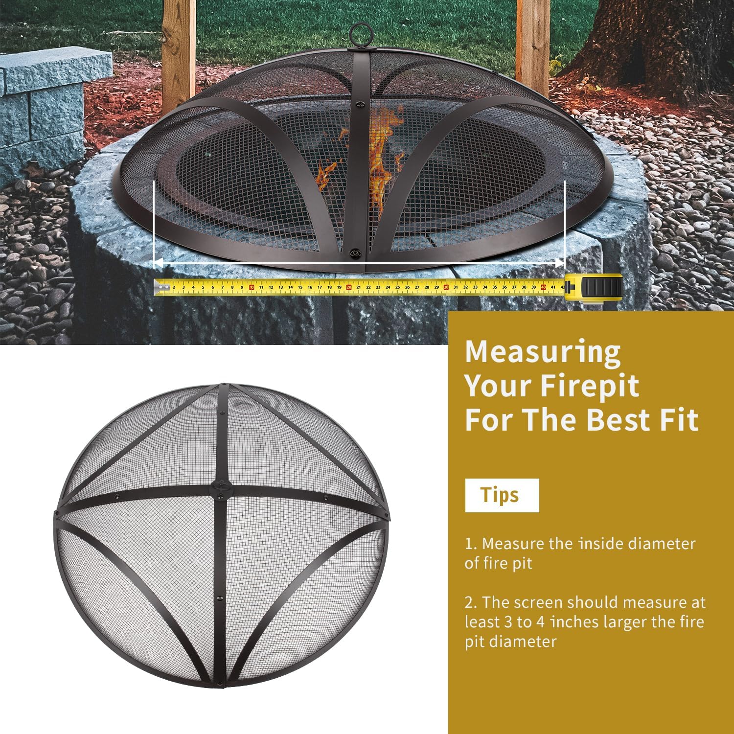 WeCooper 32In Reinforced Steel Round Fire Pit Screen Cover,Outdoor Patio FirePit Spark Screens,Heavy Duty Steel Mesh Fire Pit Ember Lid with Handle…